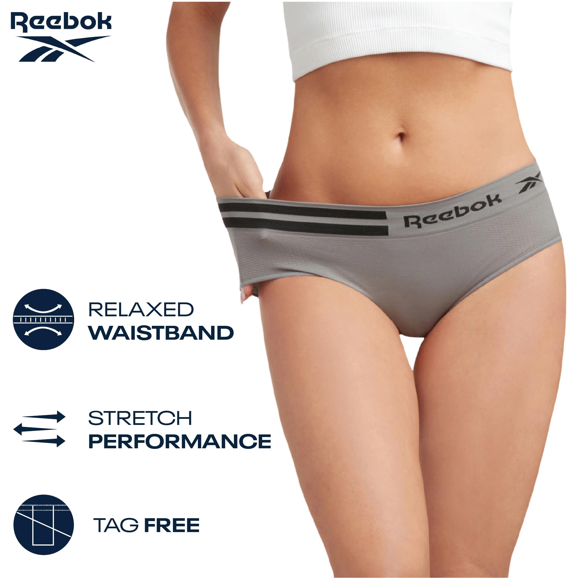 Reebok Hipster Panties for Women - 5 Pack Stretch Performance Seamless Underwear with Relaxed Tagless Waist (S-XL), Size Medium, Black/Charcoal/Heather Grey Melange/Black/Steel Grey