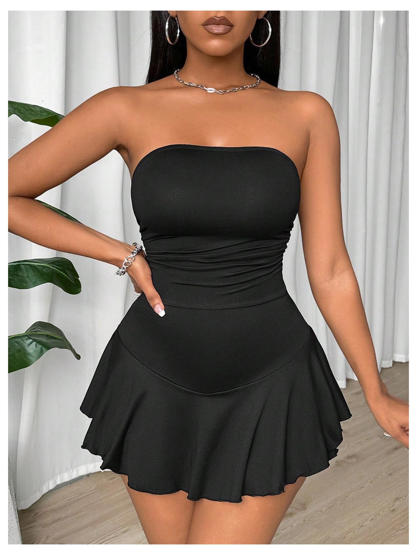 WDIRARA Women's Strapless Tube Romper Dress Ruched Waist Ruffle Tiered Layer Party Mini Dresses Black Medium