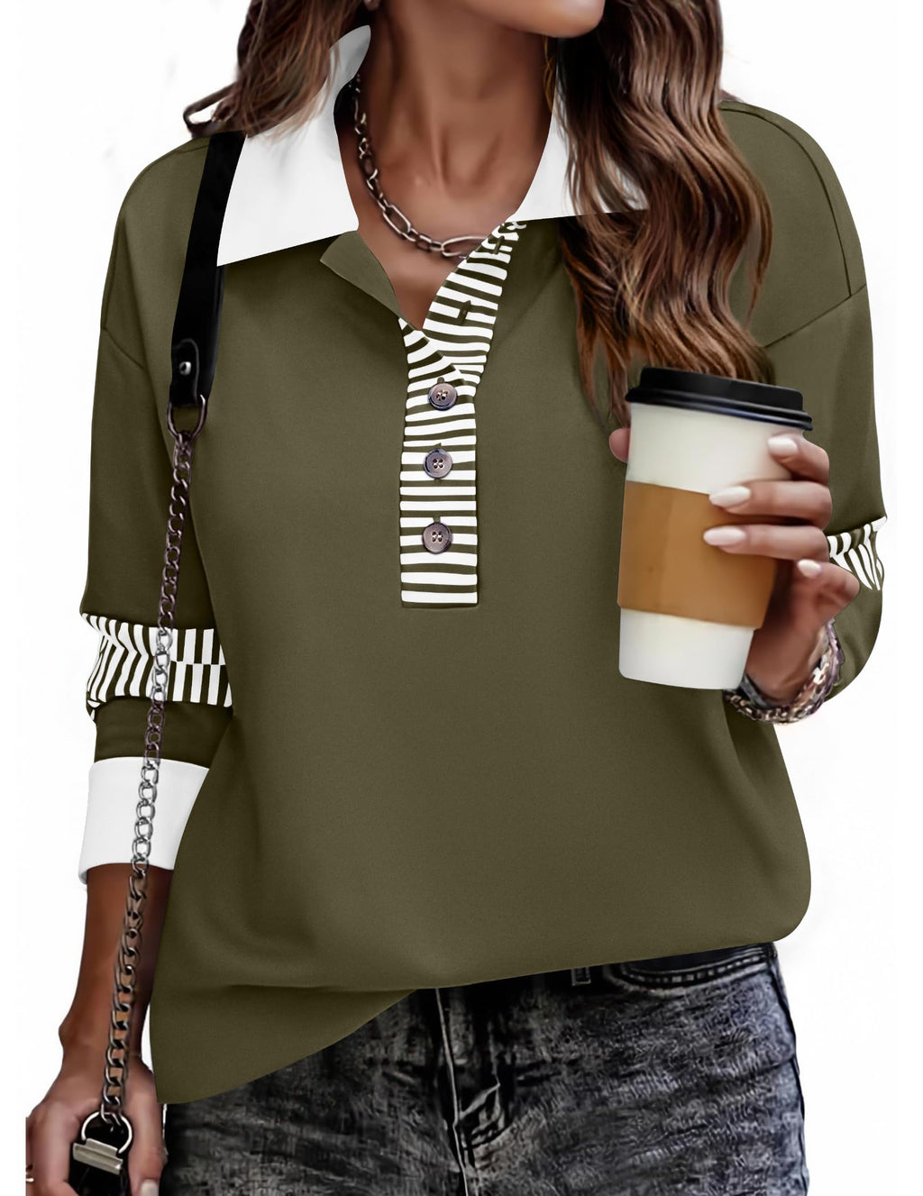 Zeagoo Fall Sweatshirts for Women Button Up Tops Henley V Neck Pullover Casual Comfy Shirts Outfits Clothes 2025 Army Green M