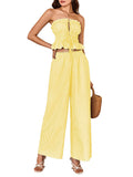 WDIRARA Women's Striped 2 Piece Pants Set Strapless Tie Bandeau Wide Leg Pants Outfits Yellow White Small