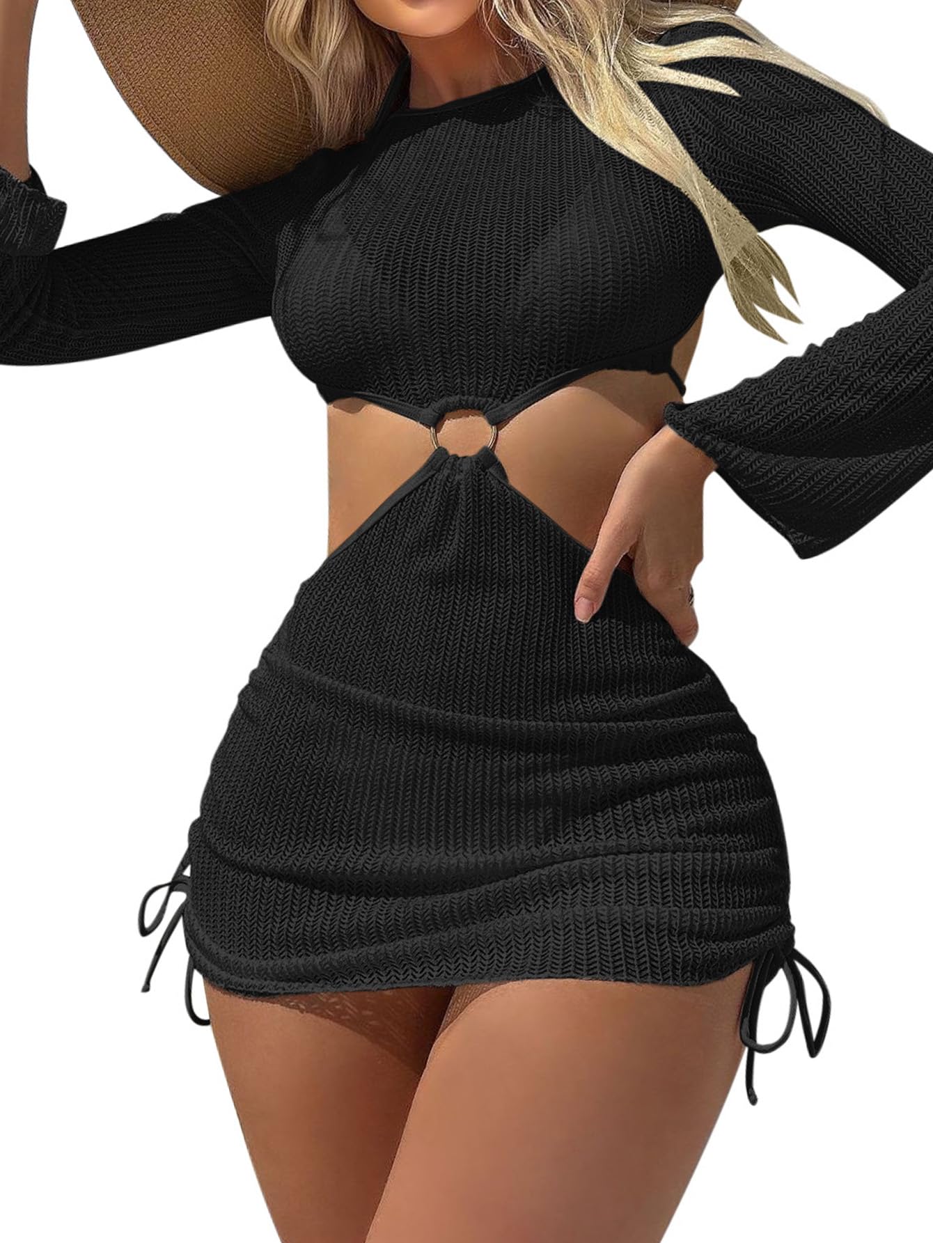 Lilosy Sexy O Ring Cutout Long Sleeve Swimwear Cover Ups Swimsuit One Piece Women Mesh See Through Bathing Suit Sheer Bikini Swim Beach Backless String Tie Side Dress Coverup Black Small