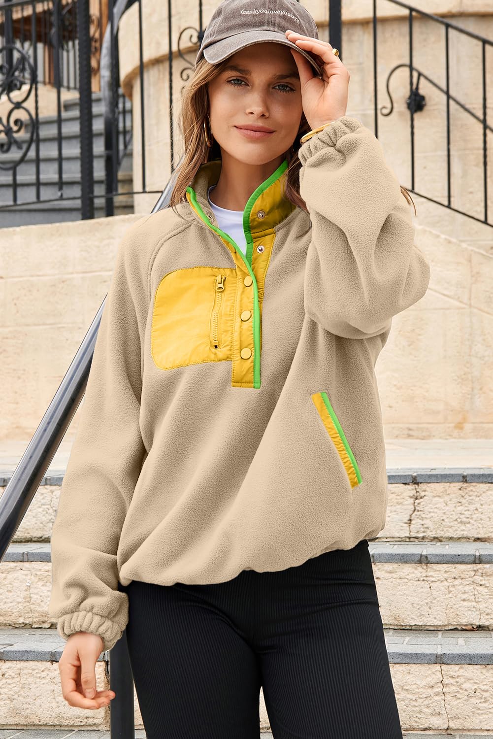 Dokotoo Womens Early Fall Fashion 2025 Fuzzy Fleece Color Block Sweatshirt Quarter Button V Neck Long Sleeve Loose Casual Cute Side Pockets Soft Pullover Sweatshirts Tops Outwear Coat Khaki Large
