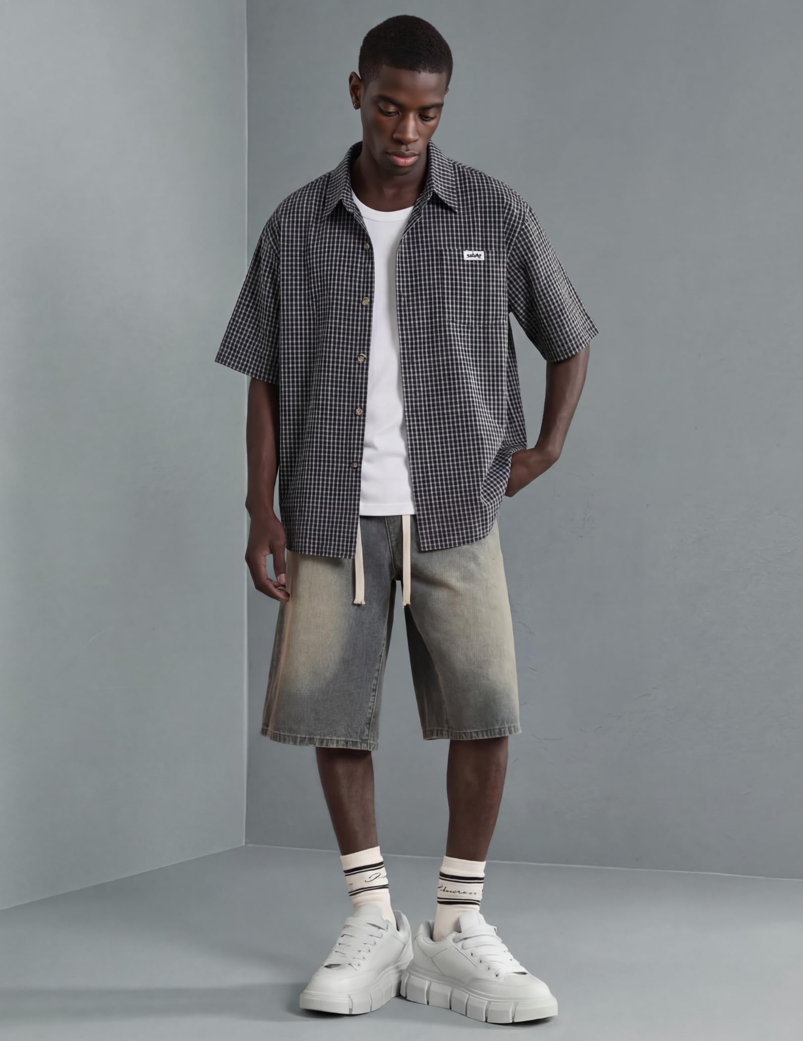 Vamtac Mens Button Down Shirts - Short Sleeve Shirt, Novelty Y2k Outfits, Plaid Tops Blue Brown