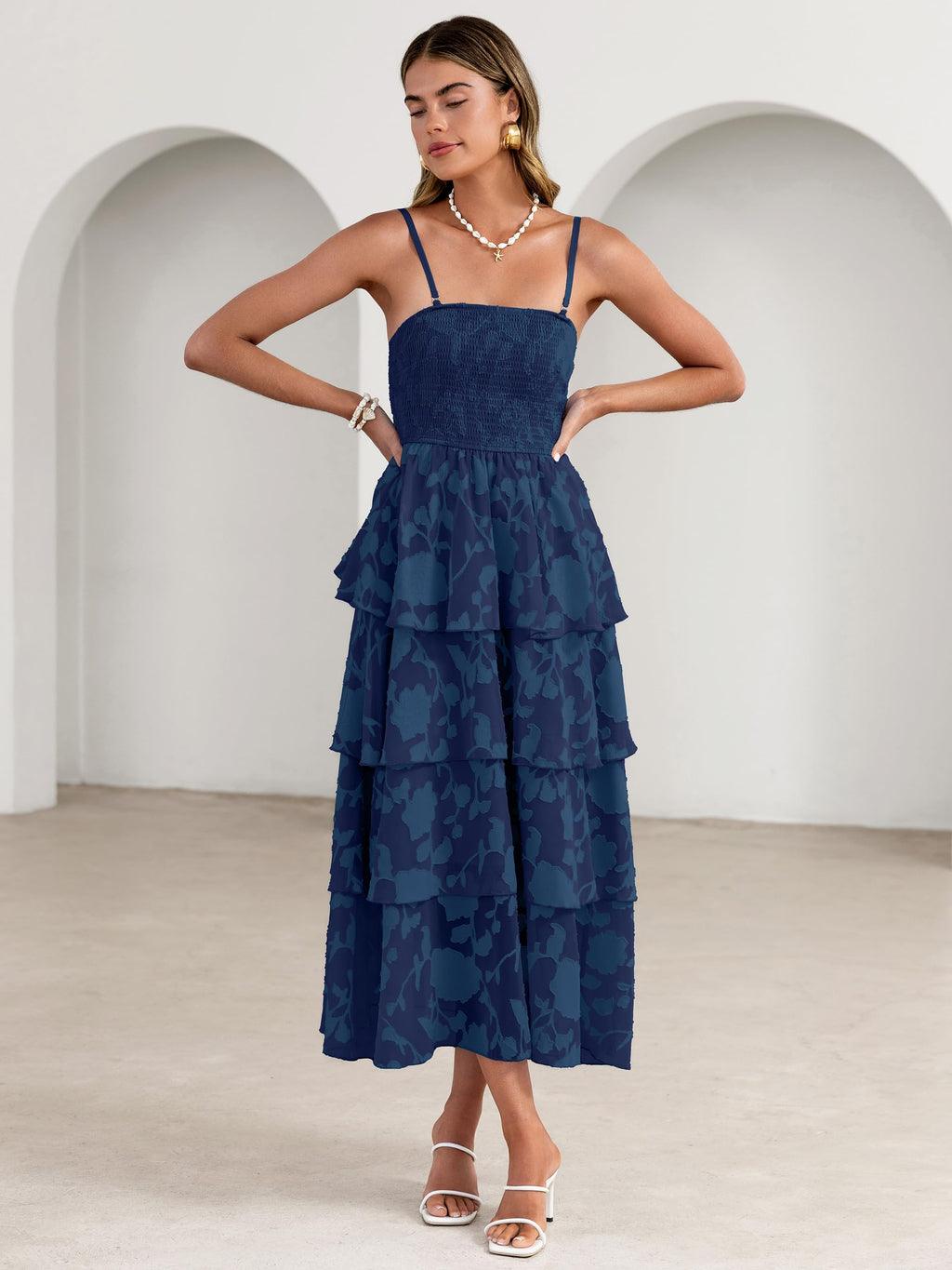 Simplee Womens Summer Strapless Maxi Dress 2026 Off The Shoulder Casual Cute Floral Boho Smocked Tube Dresses Vacation Long Sundress(Navy S)