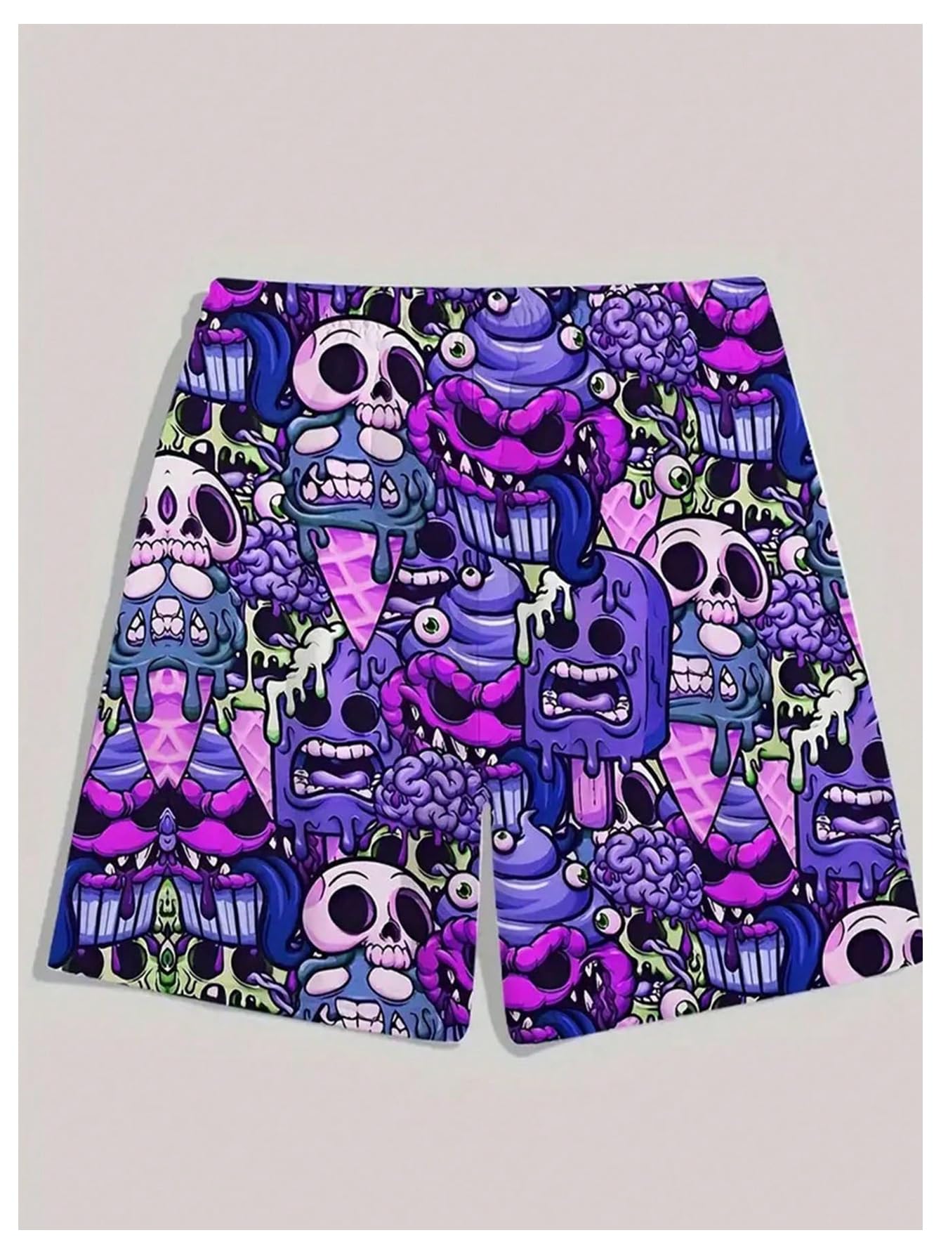WDIRARA Men's Cartoon Skull Print Swim Trunks Drawstring Elastic Waist Beach Shorts Violet Purple Large