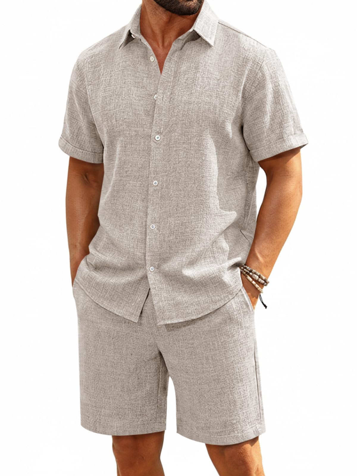 Runcati Mens Short Sleeve 2 Piece Sets Button Down Casual Summer Beach Vacation Linen Shirt and Shorts Outfit