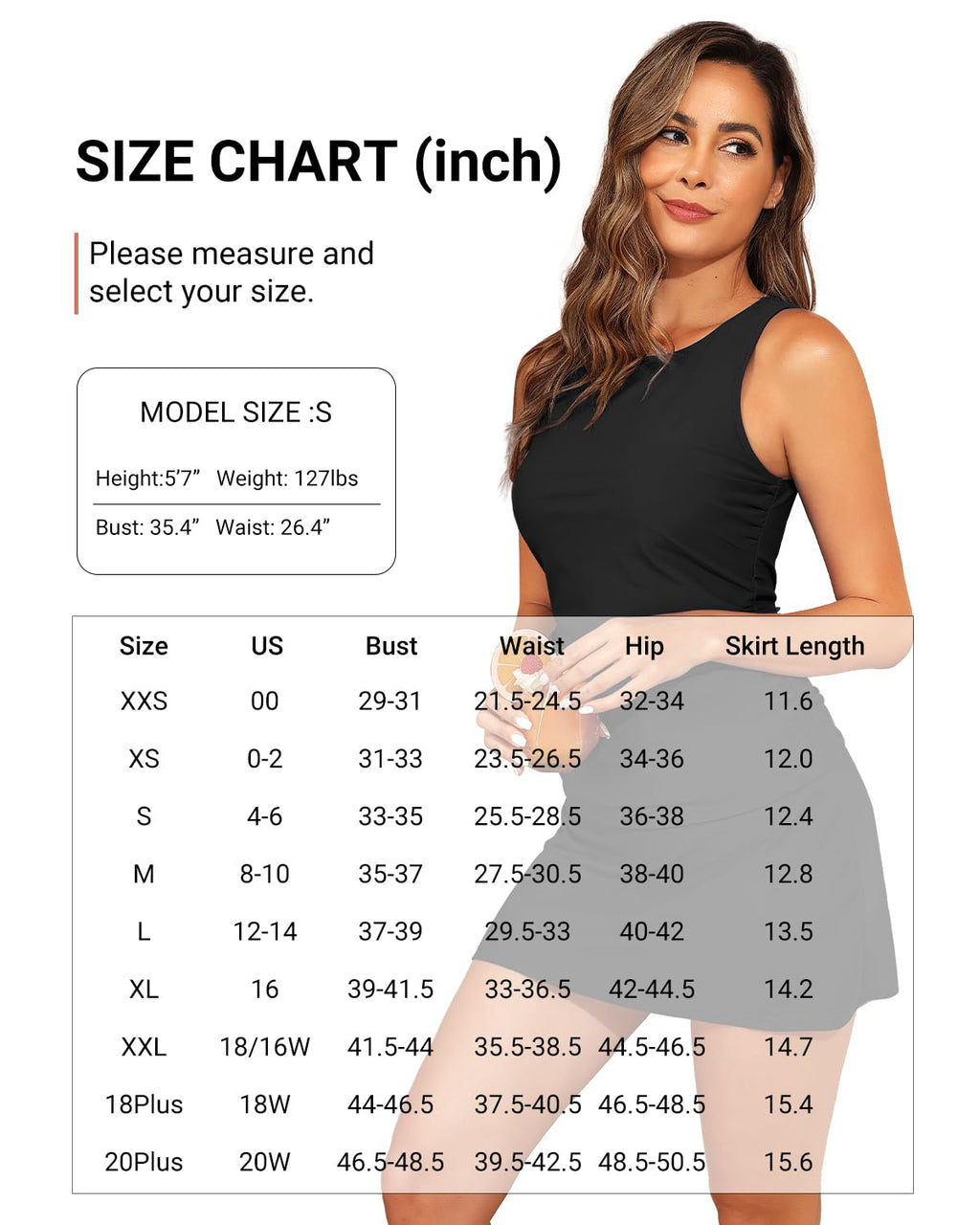 Daci Womens Black Tankini Swimsuits with Skirt - Two Piece Tummy Control Bathing Suits High Neck Swimwear L