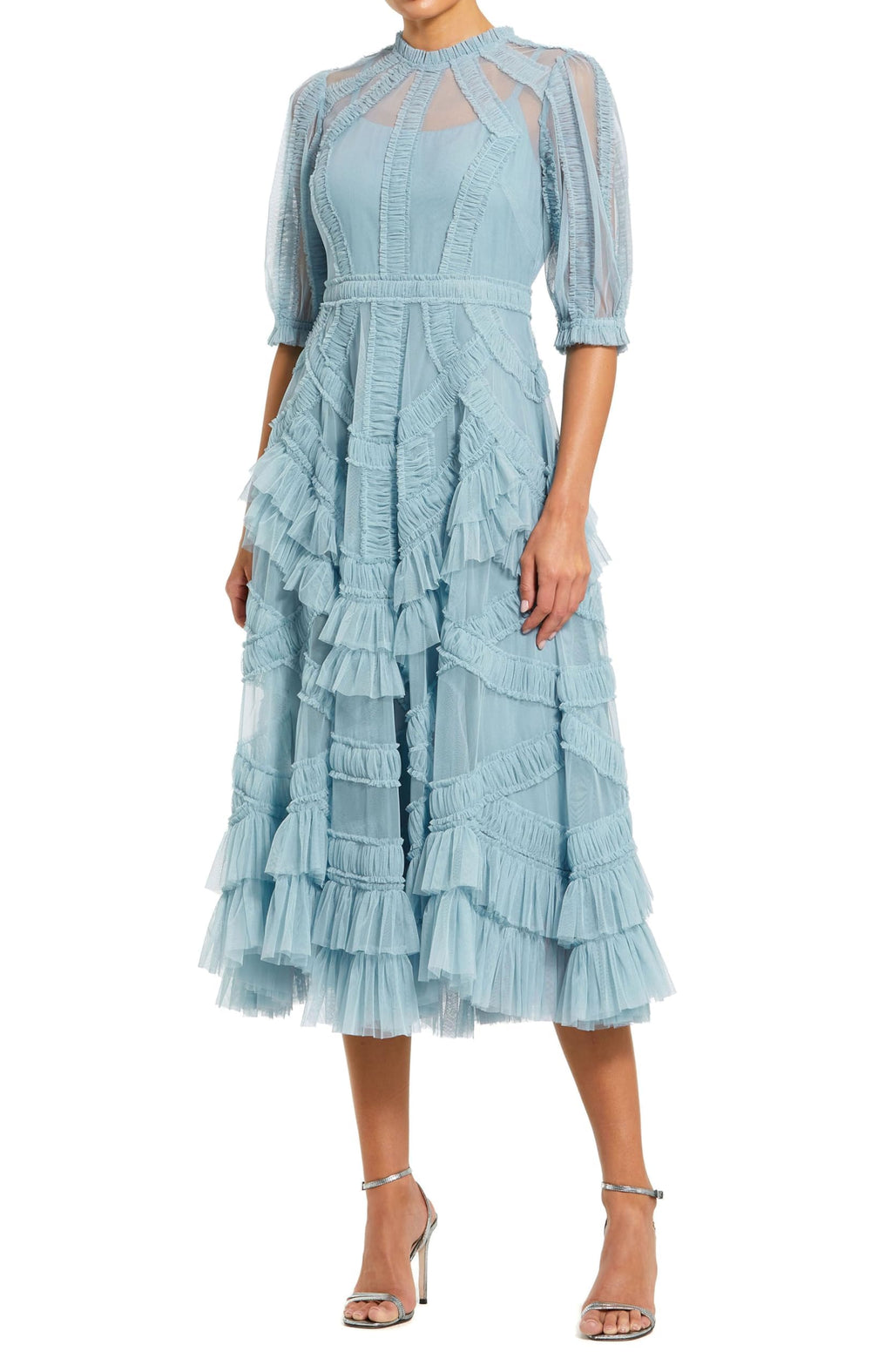 Mac Duggal Mesh Ruffle Tiered A Line Midi Dress French Blue