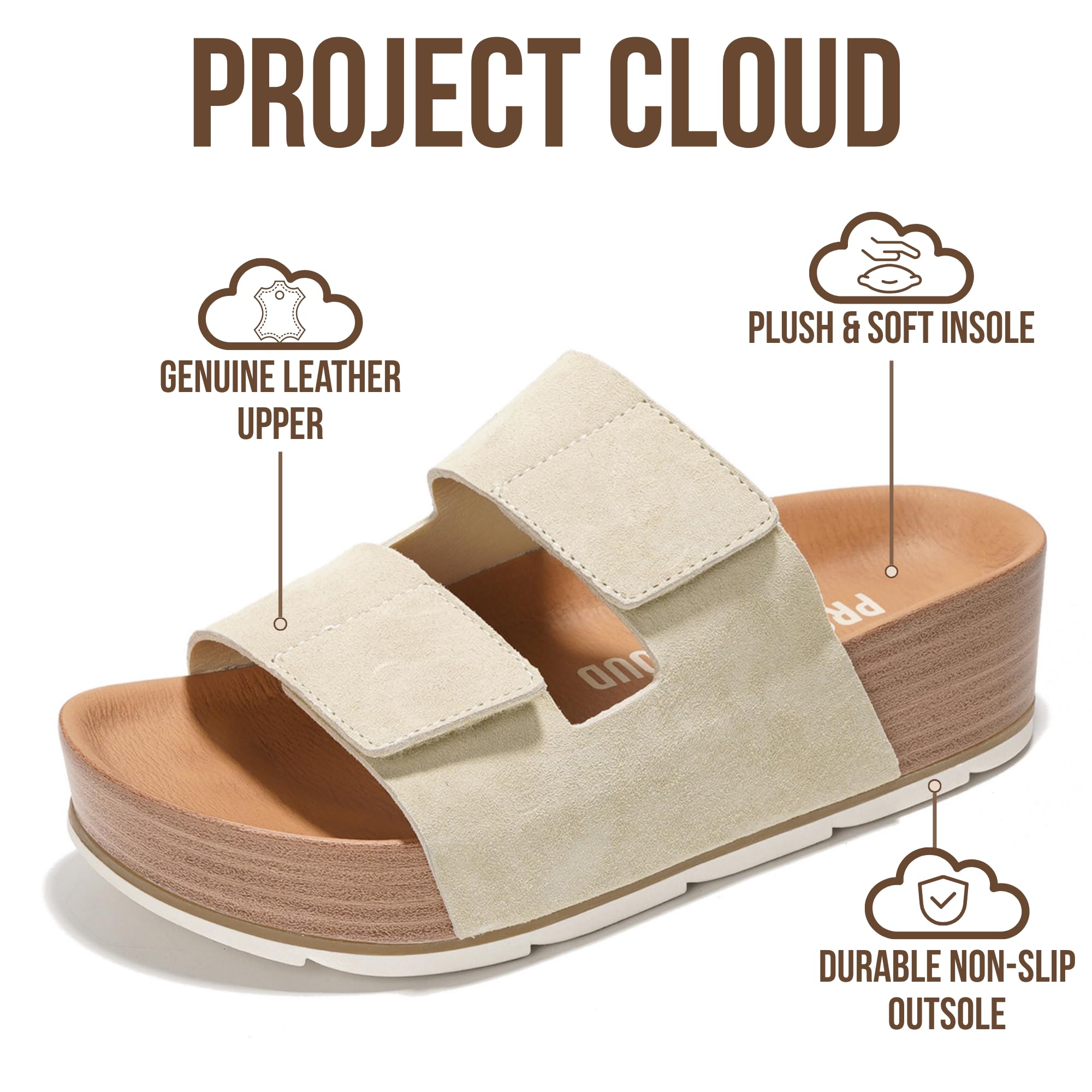 Project Cloud 100% Genuine Leather Platform Sandals Women Footwear-Beach Essentials Summer Wedges with Plush and Soft Insole-Non Slip&Lightweight Wedge Sandals For Women 2026 (PISMO,BIRCH, 8)