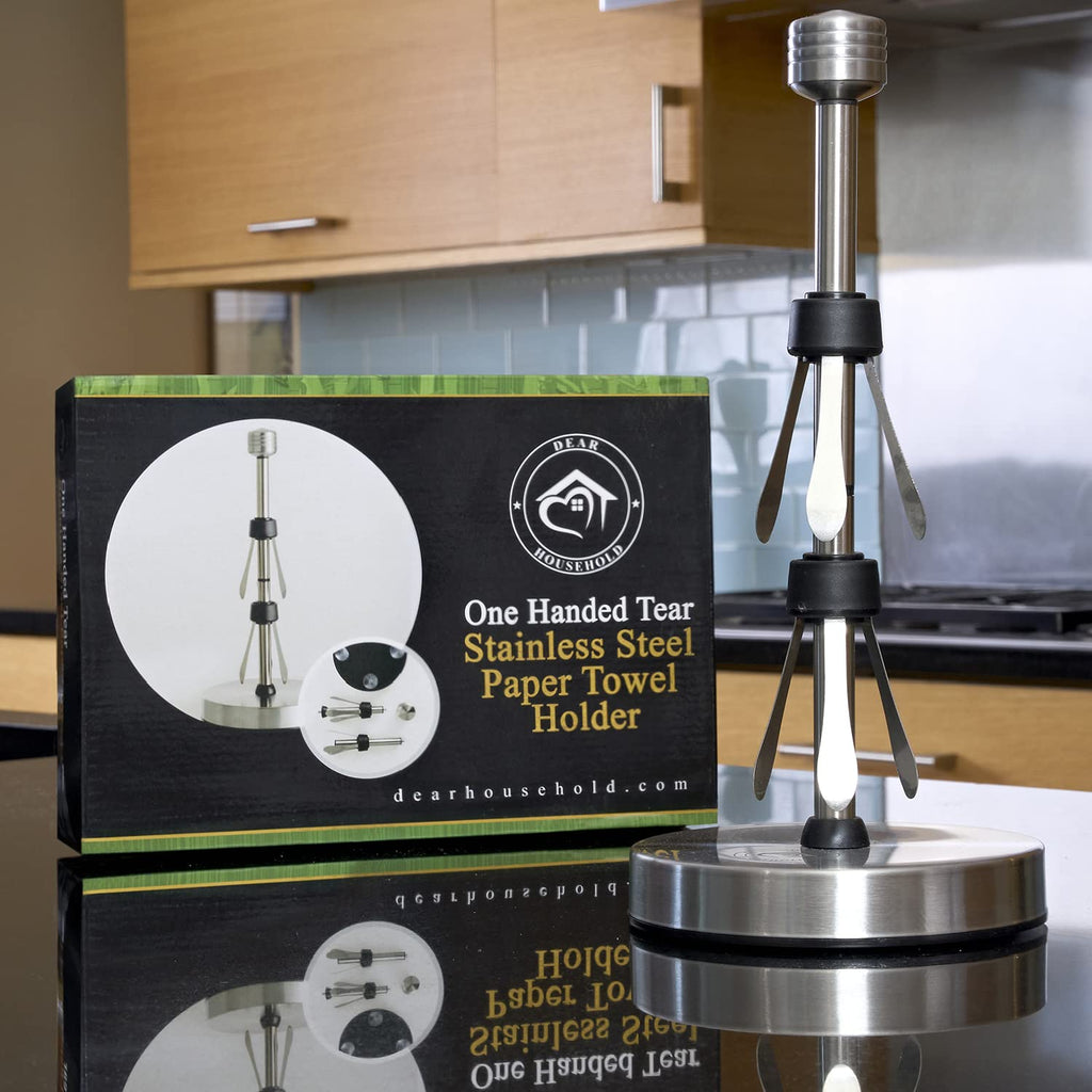 Dear Household Stainless Steel Paper Towel Holder Easy One-Handed Operation - This Sturdy Weighted Paper Towel Dispenser Countertop Model Has Suction Cups and Holds All Paper Towel Rolls - Silver