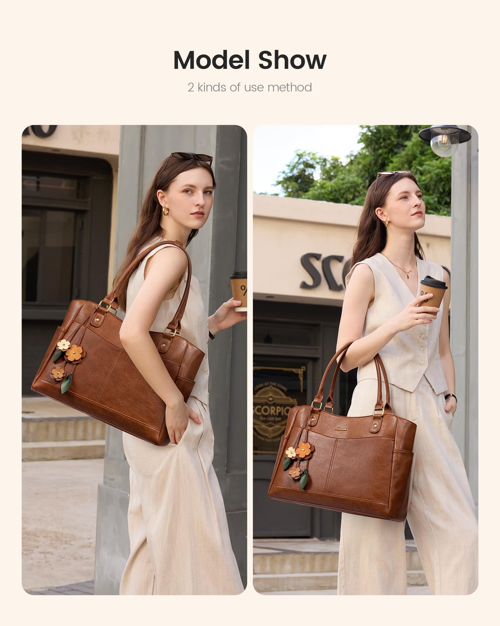 LOVEVOOK Laptop Bag for Women, 17.3inch Original Vintage Work Tote Bag Computer Office Teacher Bag with Large Cup Holder, Brown