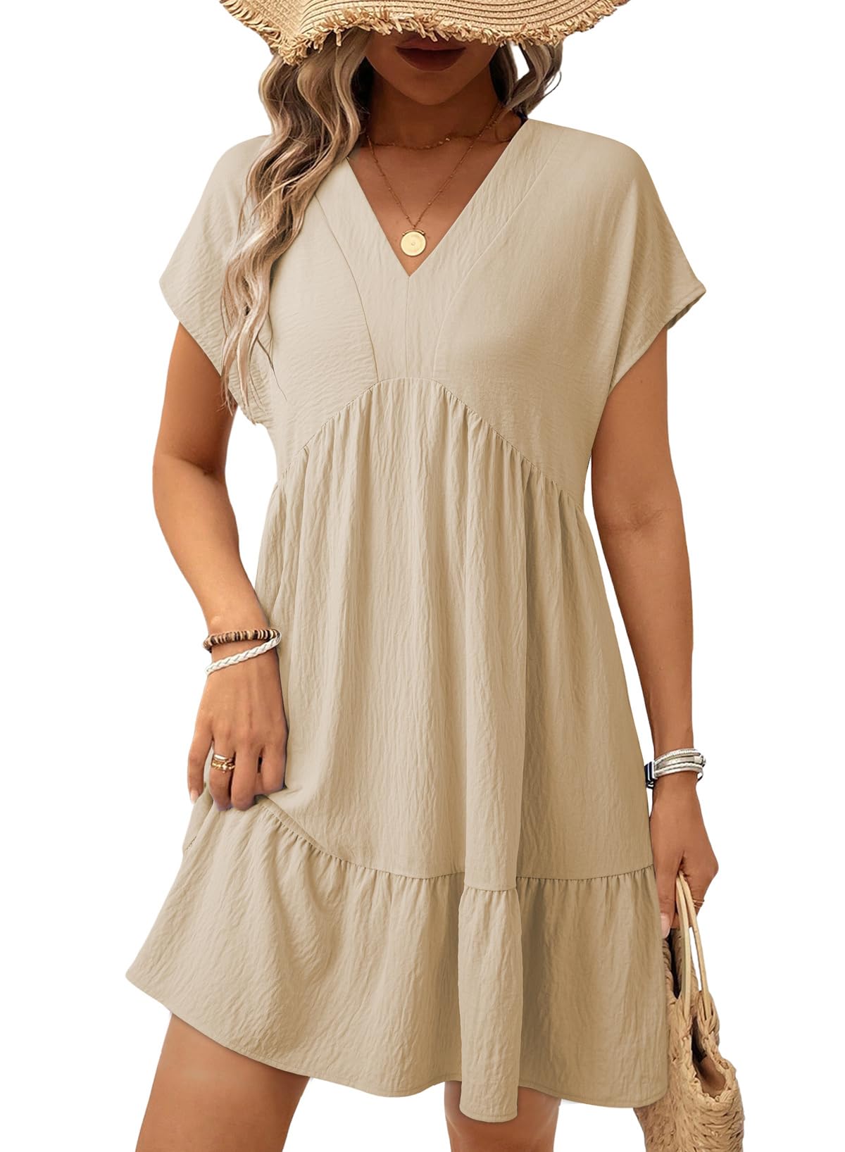 Acelitt Women's Summer Dresses 2026 Beach Casual Deep V Neck Loose Sundress Short Sleeve Mini Dress with Pockets Vacation Outfits Parchment Large
