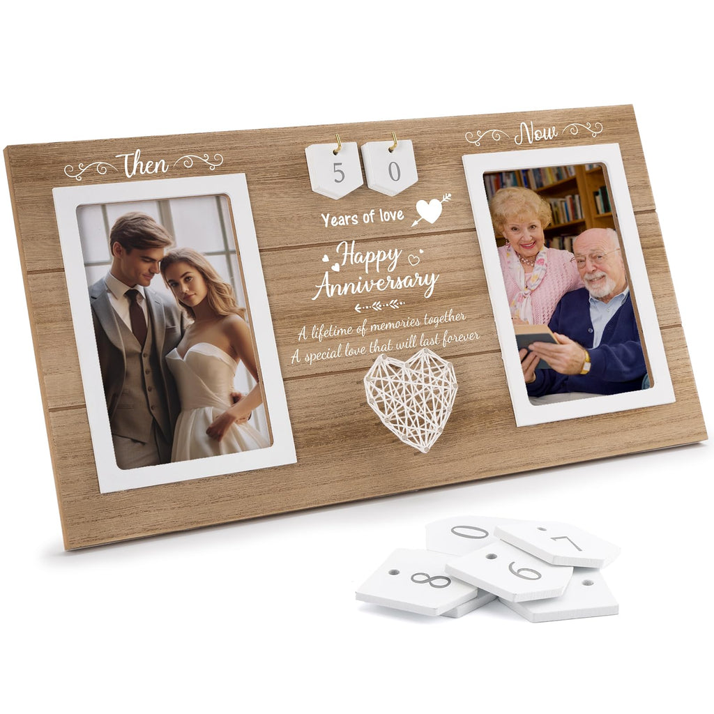 Calibron Then & Now Anniversary Wedding Gifts for Couples, Anniversary Birthday Gifts for Hers/Him, 1-99 Years Double Picture Frame, Anniversaries for Parents Women Men Photo Frame Holds 2pcs 4x6 Pictures