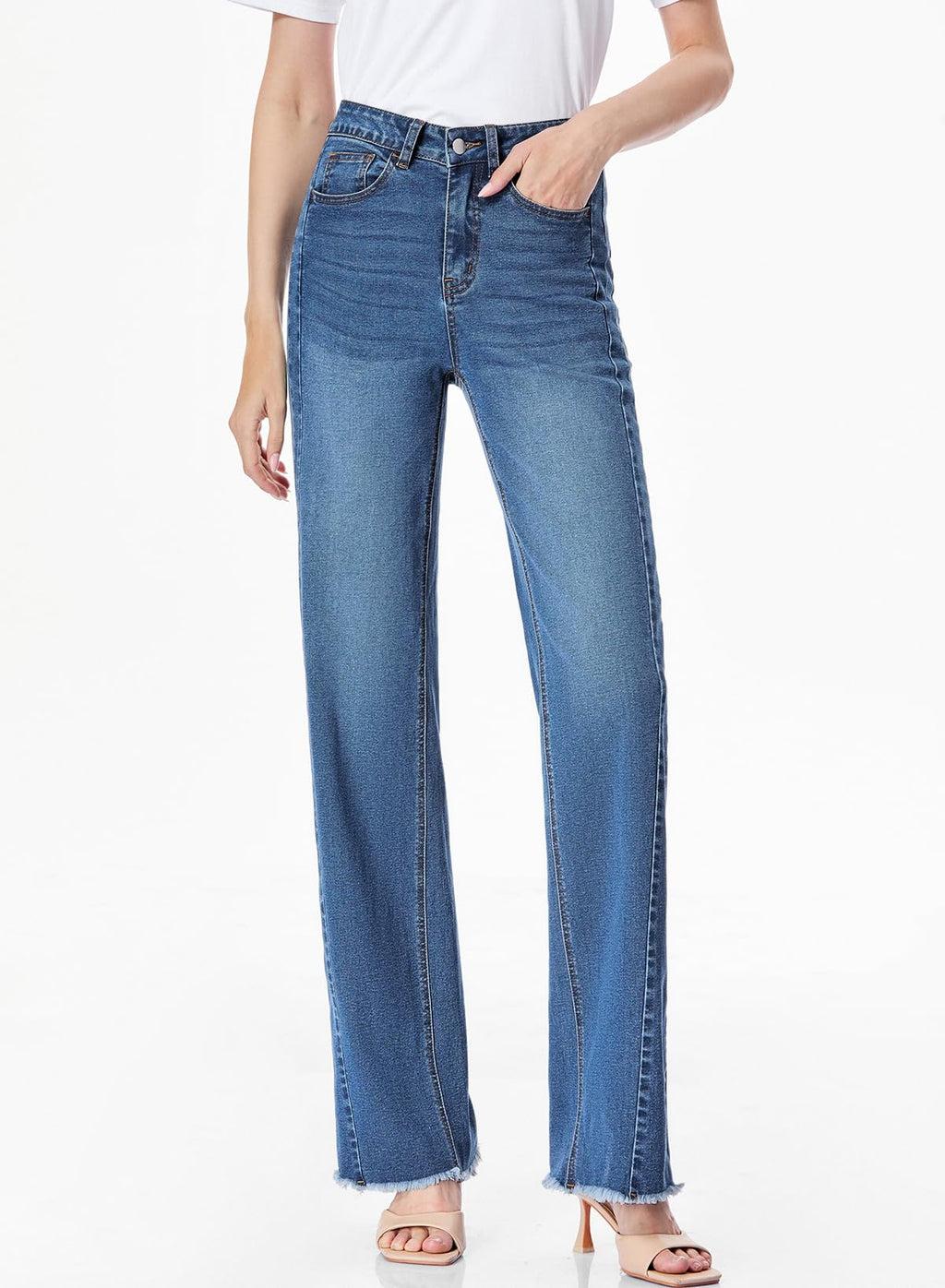 Sidefeel Women's Wide Leg Jeans High Waisted Stretchy Raw Hem Denim Pants Size 16 Blue
