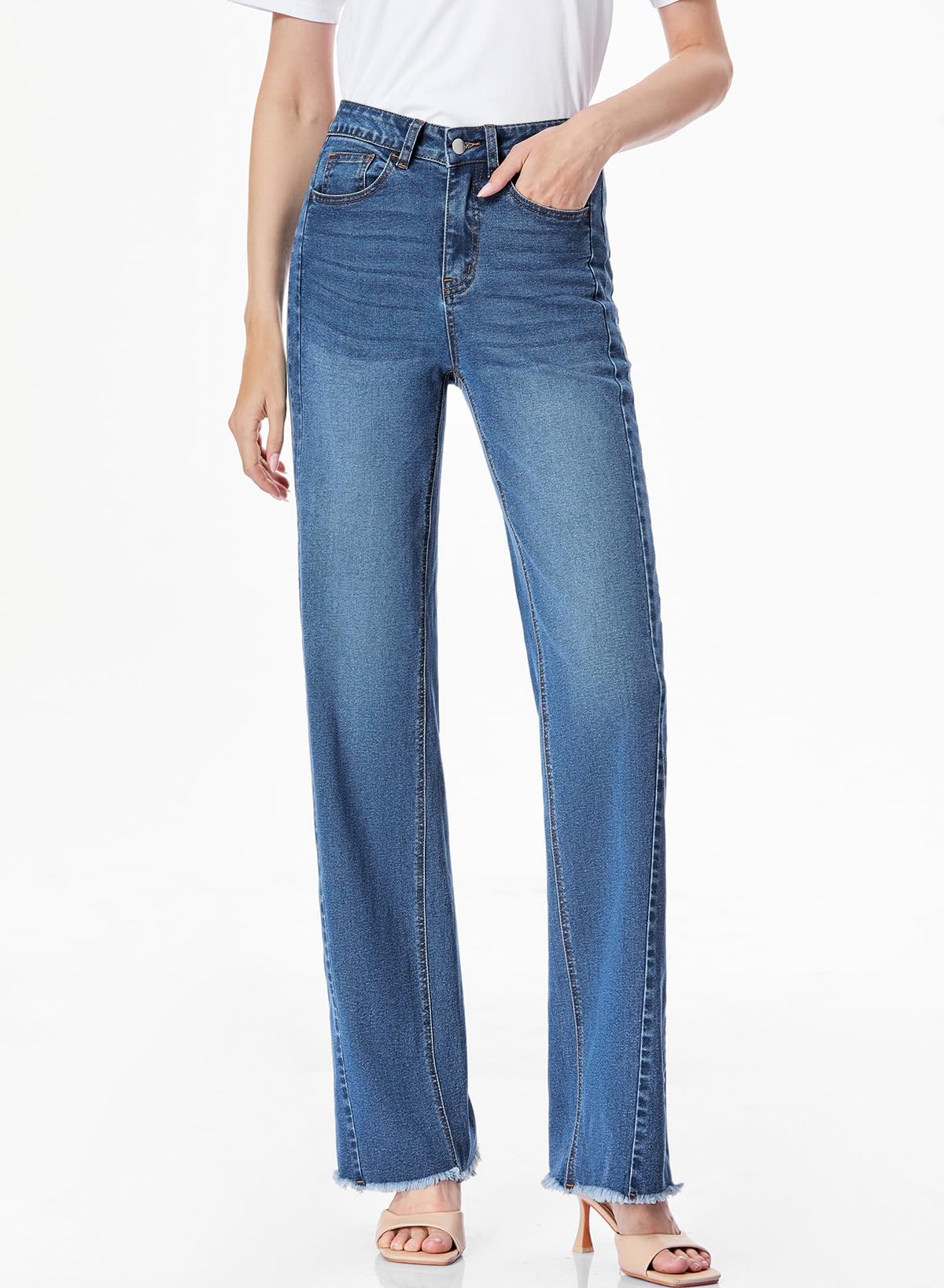 Sidefeel Women's Wide Leg Jeans High Waisted Stretchy Raw Hem Denim Pants Size 16 Blue