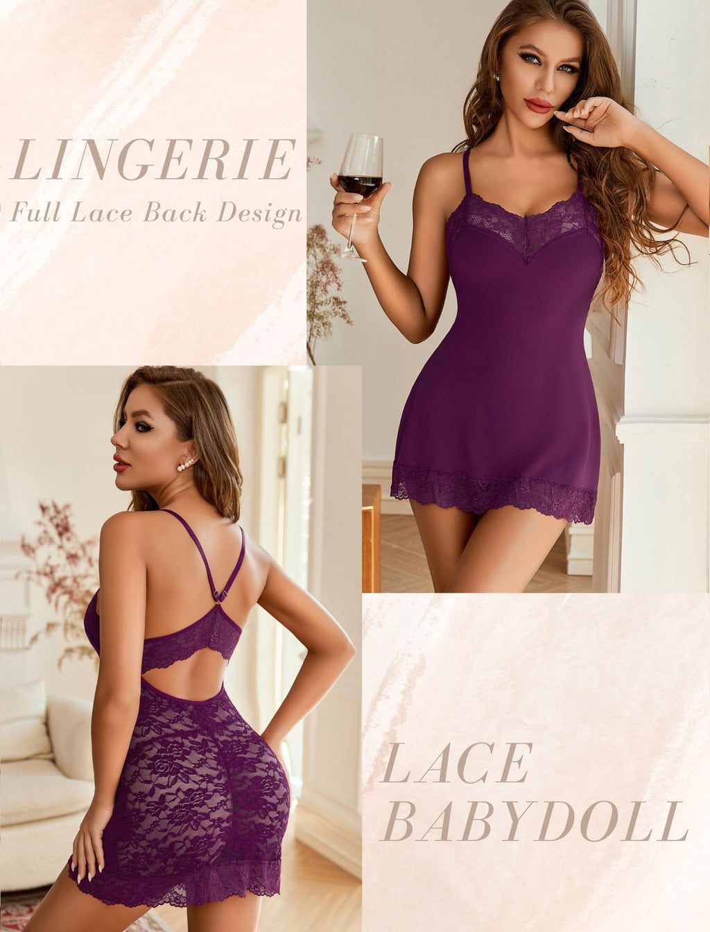 Avidlove Lingerie for Women Sexy Slutty Stripper Outfits Lace Babydoll Lingerie Dress V-Neck Sleeveless Nightgowns(Purple,X-Large)