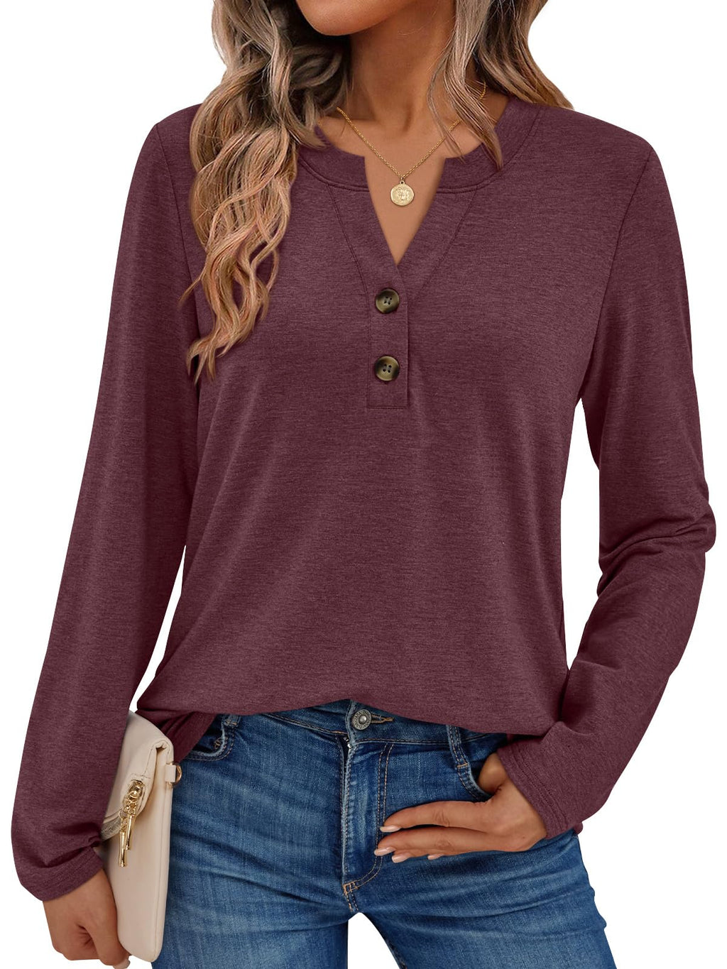 AUTOMET Long Sleeve Shirts for Women Blouses 2025 Fall Clothes Plus Size Dressy Casual Tops Henley Cute T Shirts Business Winter Clothing Spring Fashion Outfits Wine L