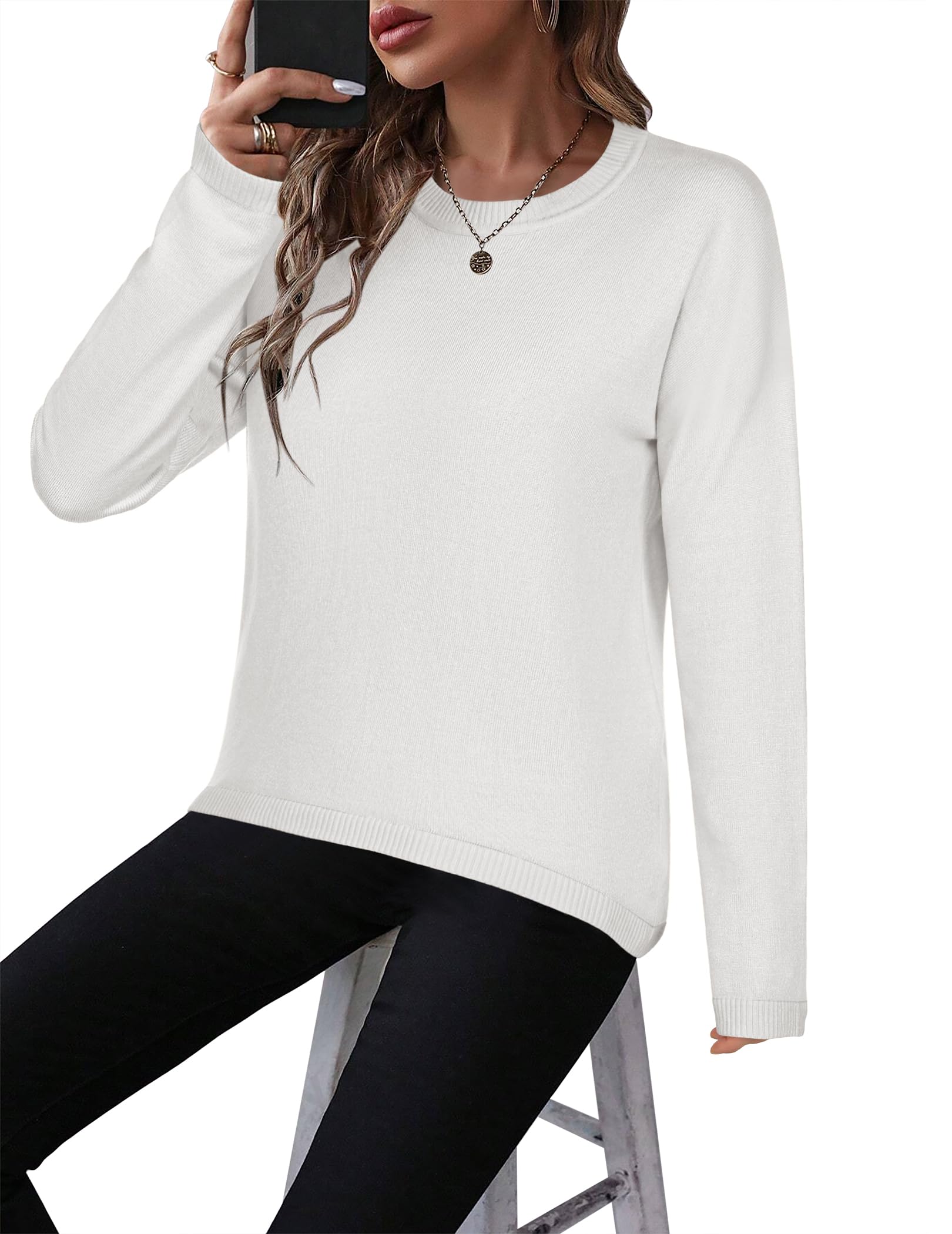 Zeagoo Womens Sweaters Crew Neck Long Sleeve Tops Casual Solid Color Knit Loose Pullover Fall Outfits White S