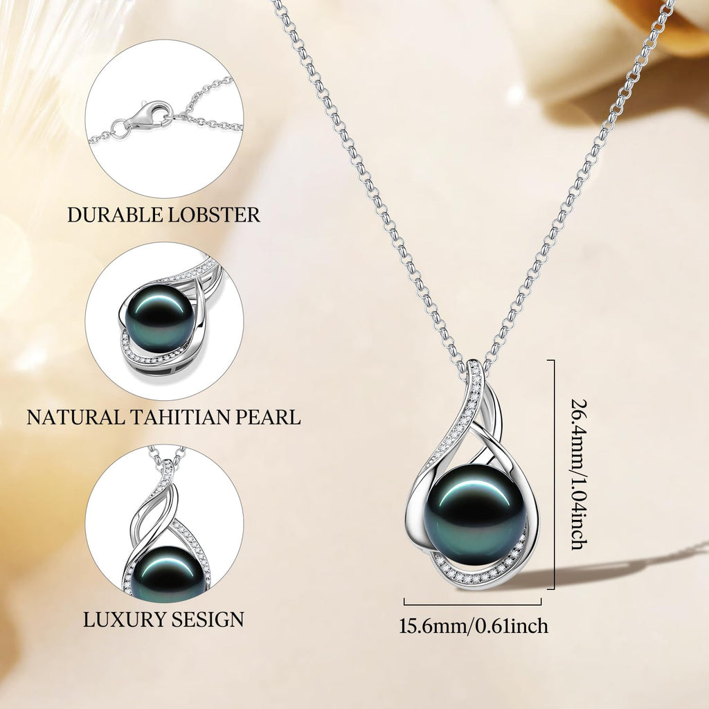 FANCIME Gift for Women Wife Natural Tahitian Pearl Necklace Sterling Silver Vahine Charm 10-12MM Black Pearl Luxury Jewelry Gift for Women, Mother, Wife, 16"+2" Adjustable