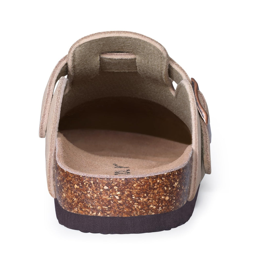 ODOLY Genuine Suede Clogs for Women Men Soft Cork Footbed Leather Mules Comfort Potato Shoes with Arch Support, Taupe 39