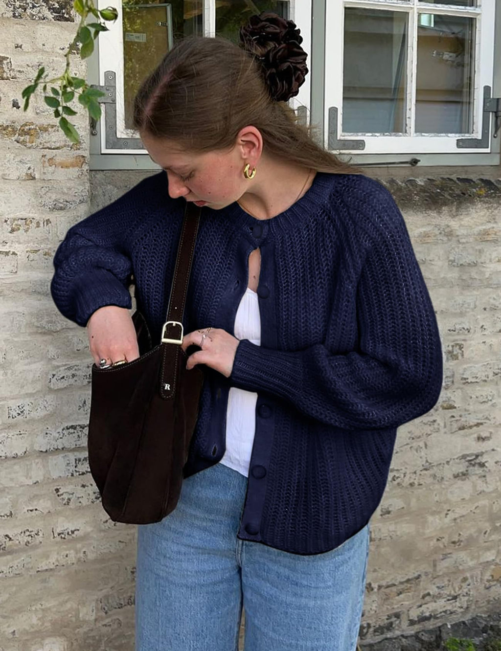 Wyeysyt Womens Cardigan Sweater Button Down Long Sleeve Chunky Soft Knit Sweater Fall Open Front Loose Casual Cardigan Coat(Navy-S)