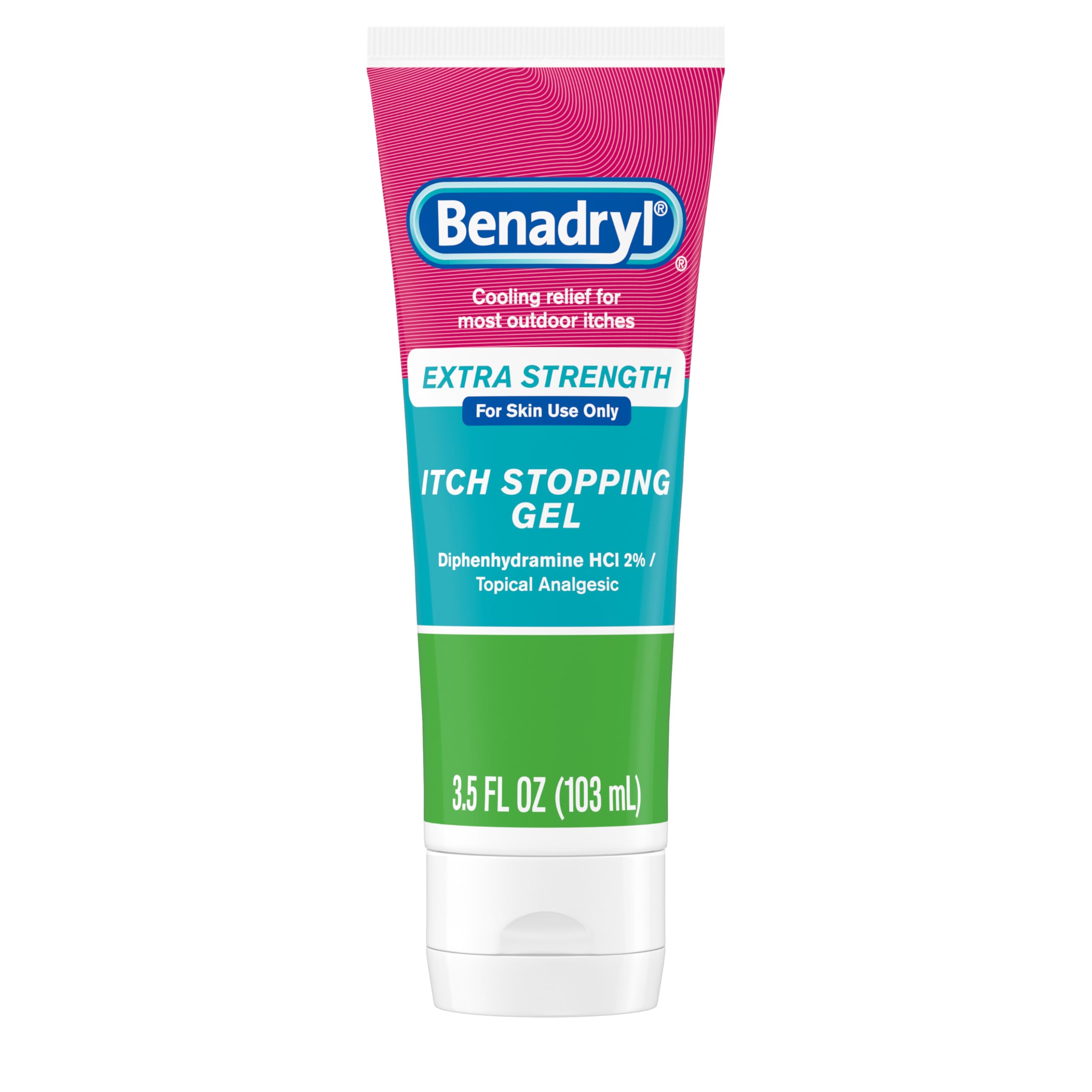 Benadryl Topical Itch Relief Gel, Extra Strength, Contains 2% DIPHENHYDRAMINE HCL, Soothing Relief from SCRAPES, Insect Bites, Sunburn, Poison Ivy and More, Great for Outdoors, 3.5 FL OZ