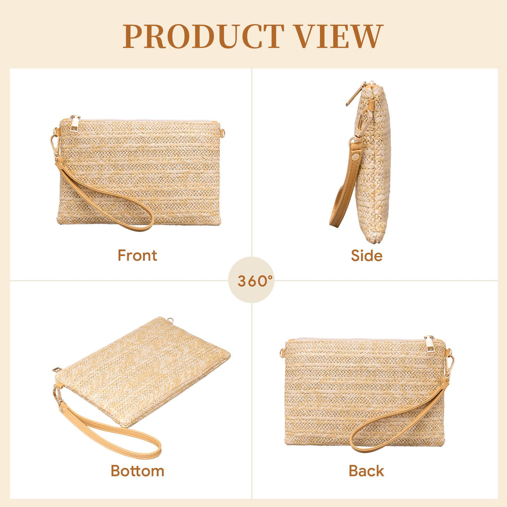 Larcenciel Straw Clutch Purses for Women w/Wrist Strap, Beige Woven Beach Purse & Chain Zipper, Boho Evening Wristlet Wallet, Summer Shoulder Crossbody Bag for Wedding Prom Vacation,8.6x5.7x0.4in