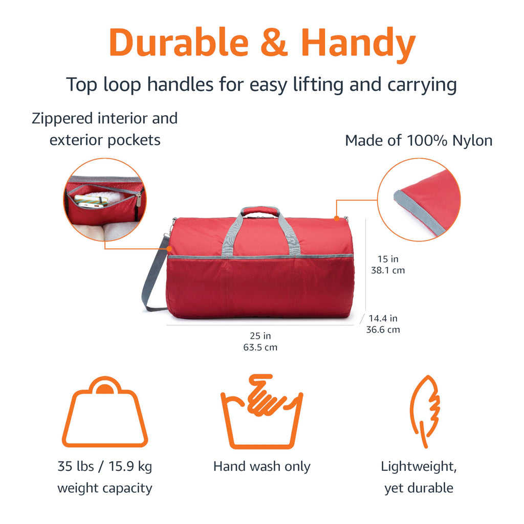 Amazon Essentials 25-inch Foldable Packable Nylon Duffel Bag for Travel and Sports with Multiple Zippered Pockets, 35 lb Weight Capacity, Collapsible for Easy Storage, Red