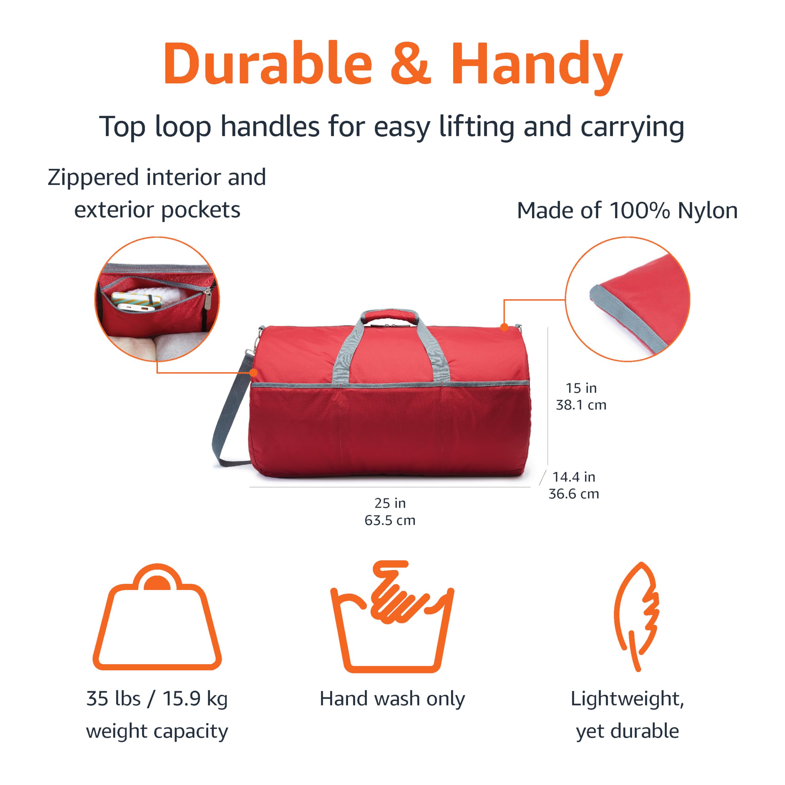 Amazon Essentials 25-inch Foldable Packable Nylon Duffel Bag for Travel and Sports with Multiple Zippered Pockets, 35 lb Weight Capacity, Collapsible for Easy Storage, Red