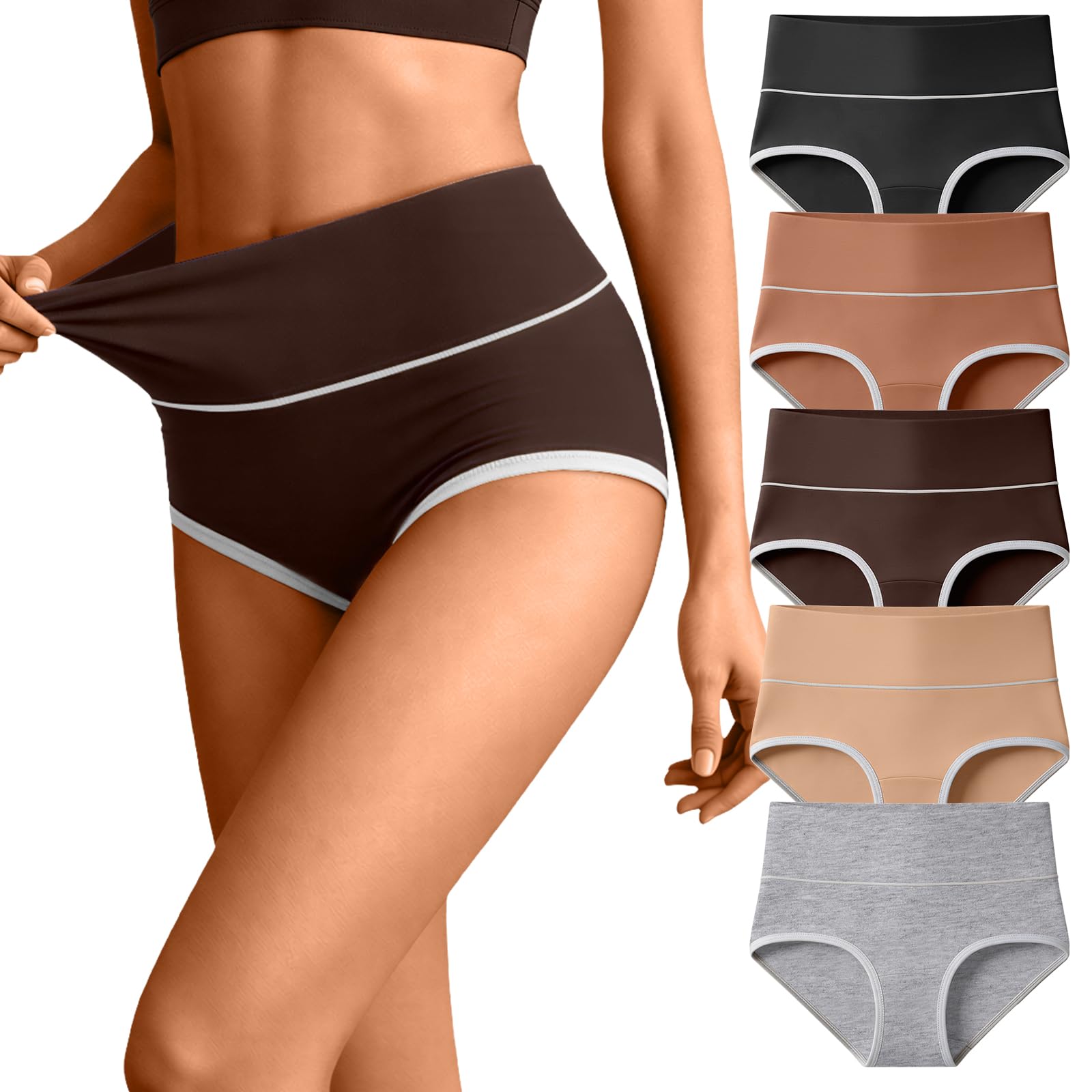 Eadflie Cotton Underwear for Women High Waisted Briefs Stretch Soft Ladies Panties Full Coverage Underpants 5 Pack - Black/Coffee Brown/Camel/Deep Apricot/Heather Gray/S