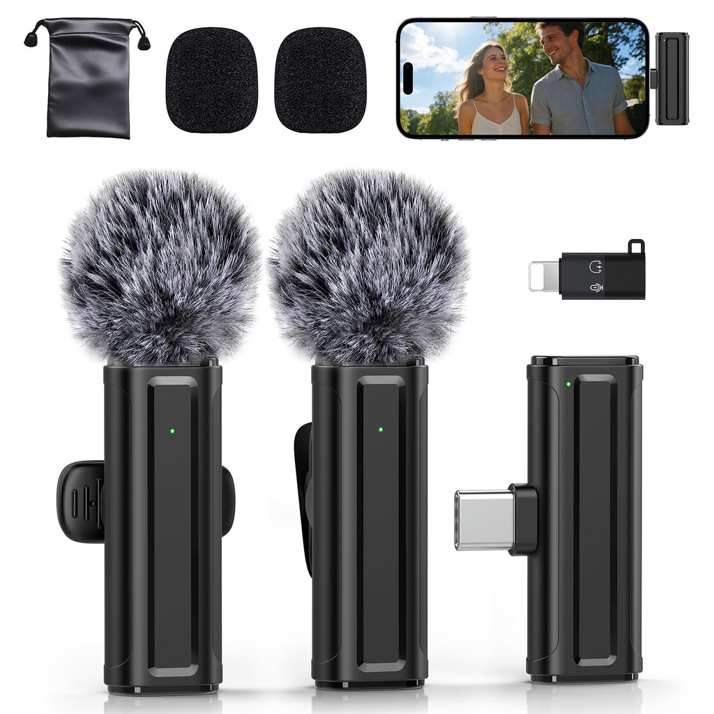 Wireless Mini Microphone for iPhone, iPad, Android, 2 Pack Lavalier Mic with 360° Rotatable Clip, Plug and Play Noise Reduction USB-C Mic for Video Recording YouTube TikTok Podcast Content Creators