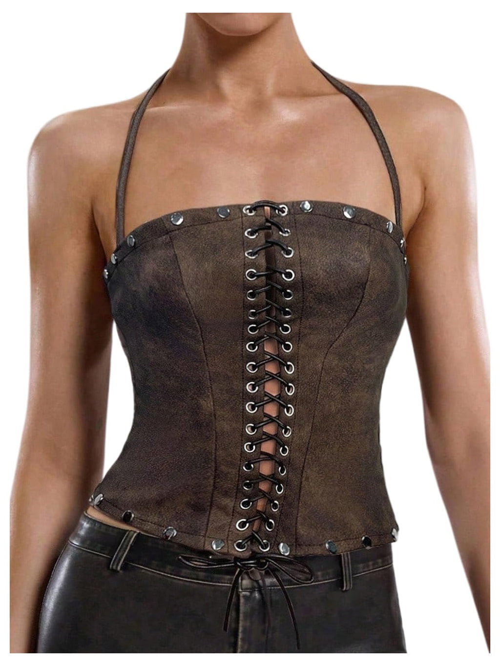 WDIRARA Women's PU Leather Lace Up Halter Top Vintage Western Sleeveless Backless Camisole Tops Dark Brown Small