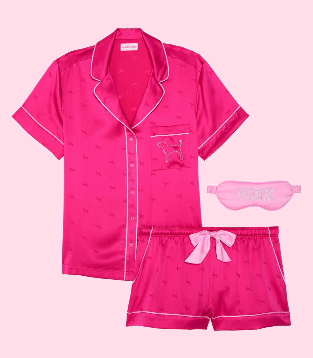 Victoria's Secret PINK | Elle 3-Piece Satin Eye Mask & Short Pajama Set, Enchanted Pink, M