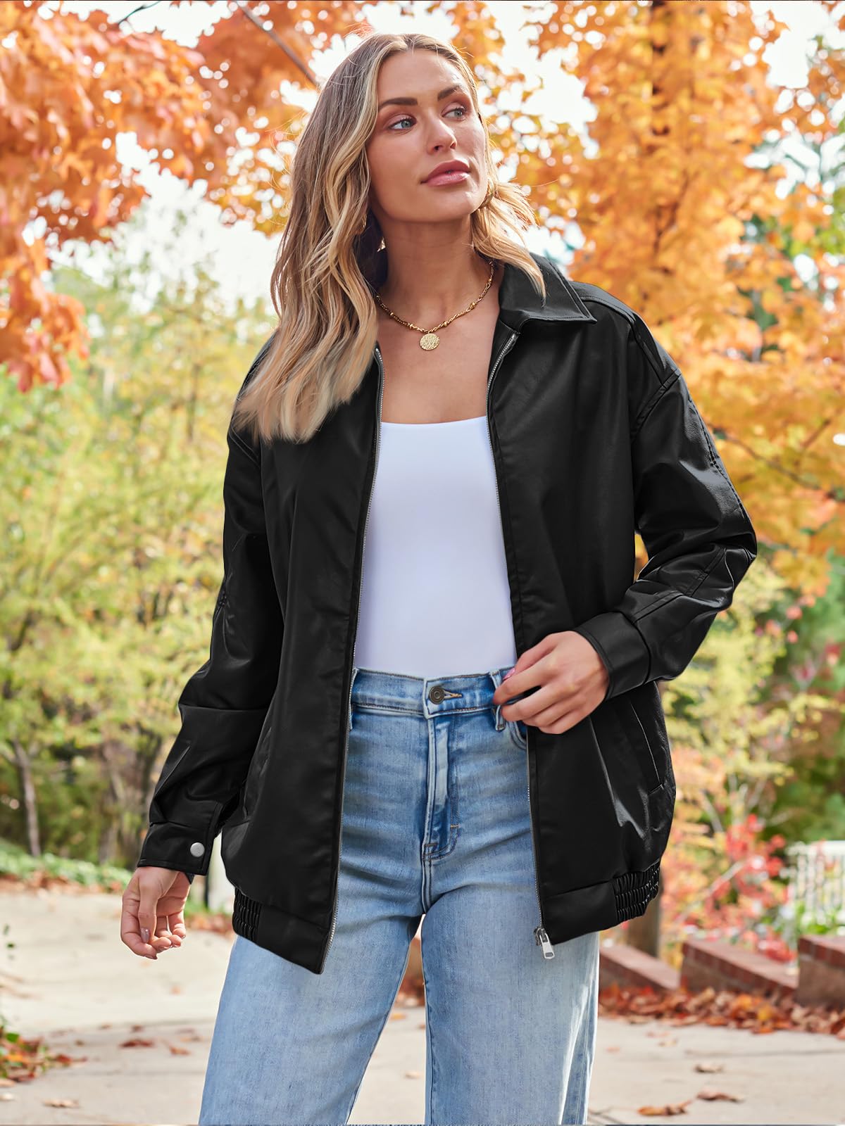 AUTOMET Women's Oversized Faux Leather Jacket - Fall Motorcycle Style Coat with Zipper Closure Black M