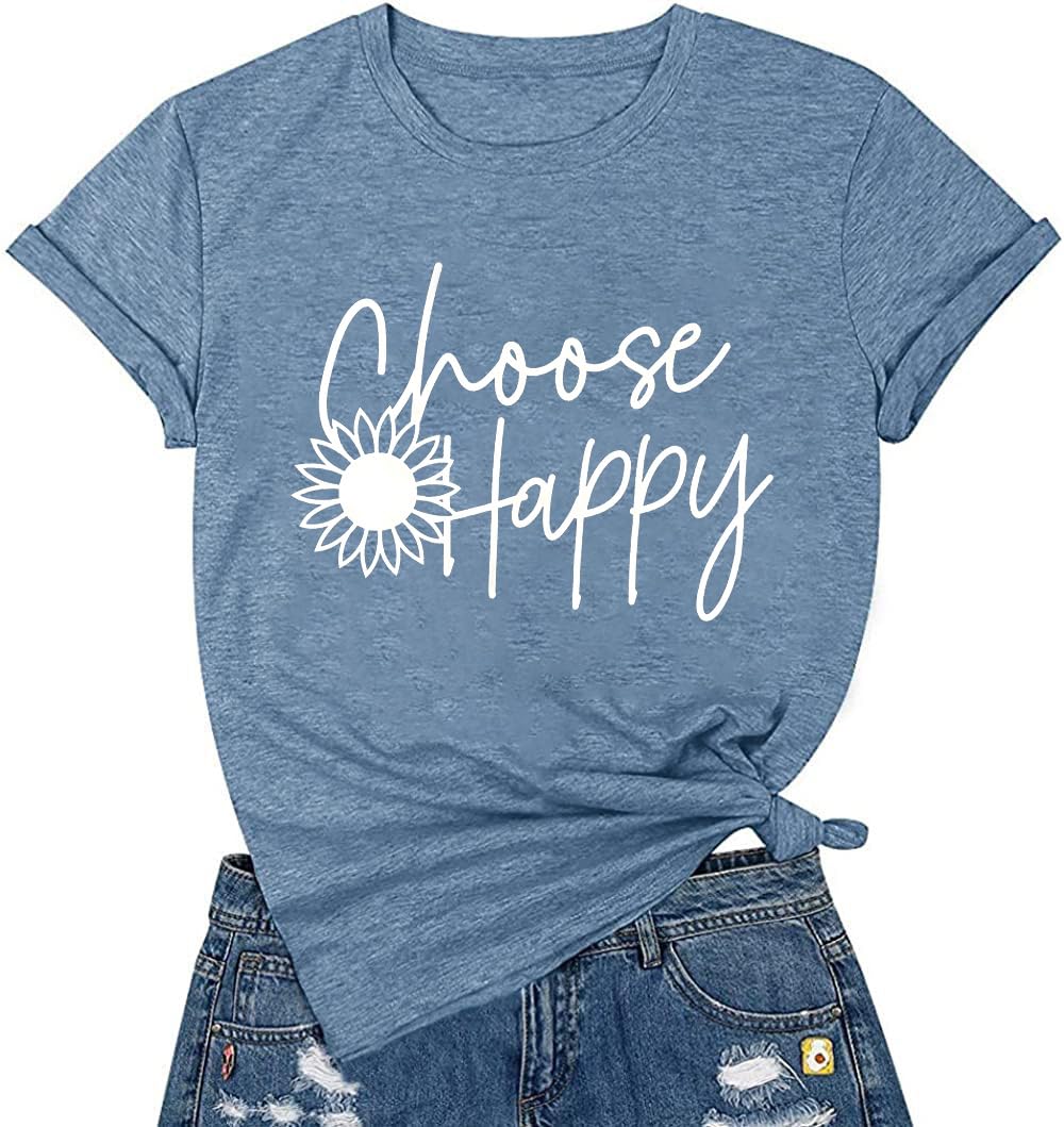 Graphic Tees for Women Choose Happy Letter Print Shirts Sunflower Women T Shirt Inspirational Short Sleeve Casual Tops Blue-XXL