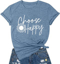 Graphic Tees for Women Choose Happy Letter Print Shirts Sunflower Women T Shirt Inspirational Short Sleeve Casual Tops Blue-XXL