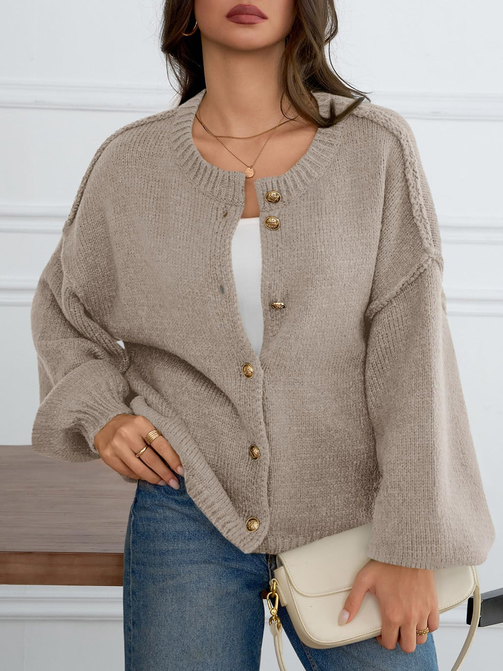 Saodimallsu Womens Oversized Cardigans Button Up Long Lantern Sleeve Chunky Knit Casual Soft Fall Sweater Coats Khaki