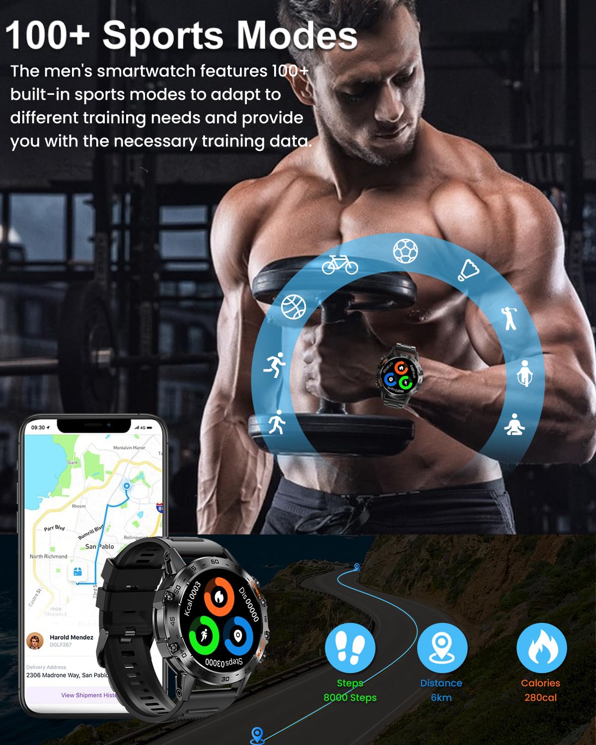 PODOEIL Military Smart Watches for Men(Answer/Make Call), Tactical Smartwatch for Android iOS, 400mAh Battery/Sports Tracking/Health/Sleep Monitoring