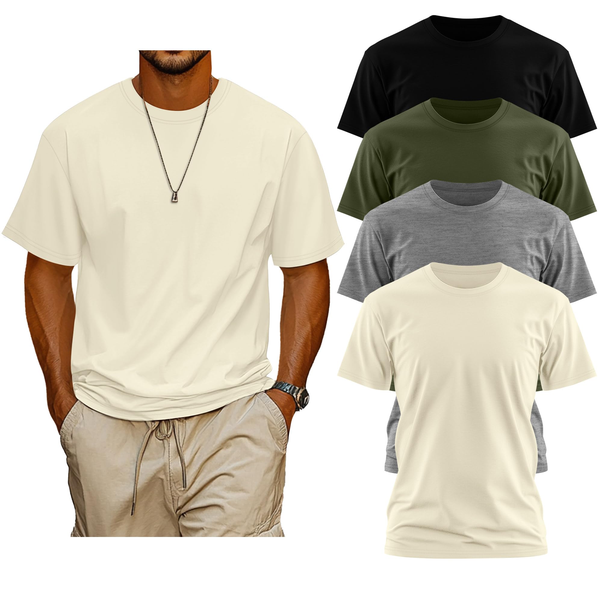 Neer 4 Pack Men's Big and Tall Shirts Summer Cotton Short Sleeve Tee Crew Neck Casual Top Basic Oversize T Shirts(Black, Army Green, Light Gray, Beige,4X-Large)