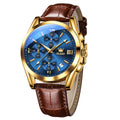 OLEVS Brown Leather Watch for Men Stainless Steel Large Face Quartz Wrist Watches Roman Number Luxury Mens Water Resistant Chronograph Watch Calendar Display Classic Blue Men's Cuff Watches Easy Wear