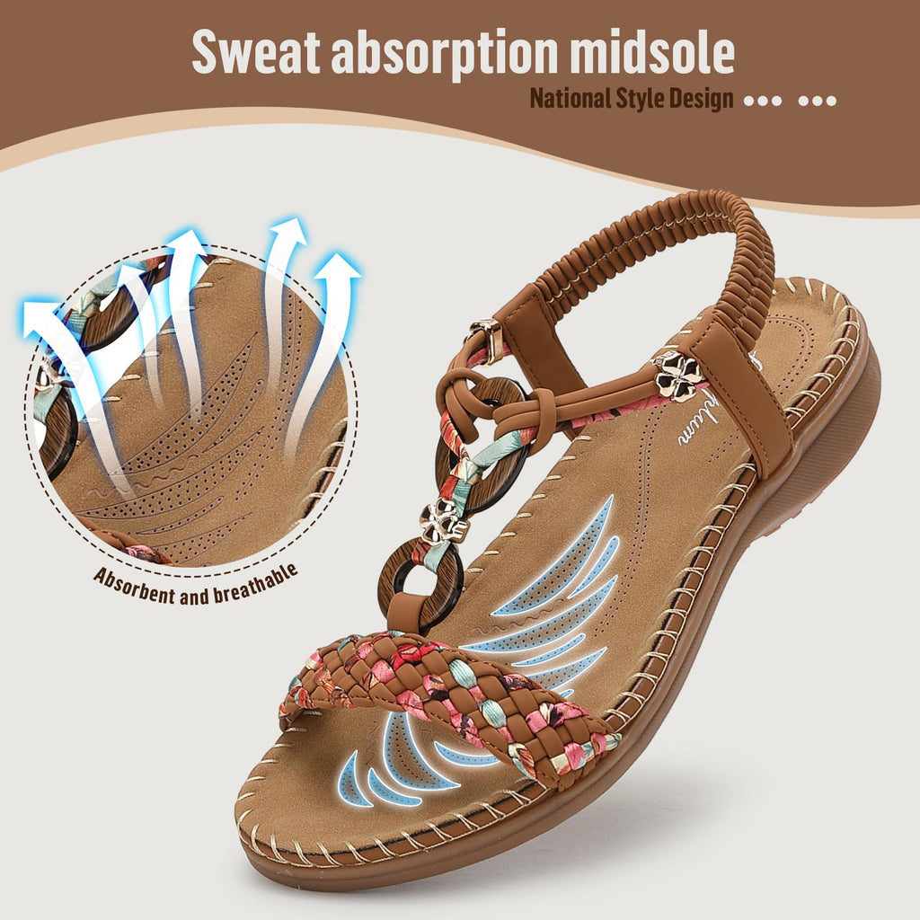 Littleplum Women Sandals Arch Support Handmade Bohemian Braided Flat Sandals Comfort Walking Beach Ankle Elastic Summer Shoes Multi Brown Size 7