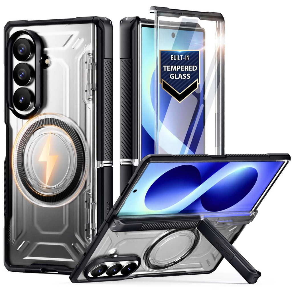 Poetic for Samsung Galaxy Z Fold 8 Ultra Case, [Hinge Protection] [MagSafe Compatible] [Tempered Glass Screen Protector] Full-Body Rugged Shockproof Protective Phone Cover with Kickstand, Black/Clear