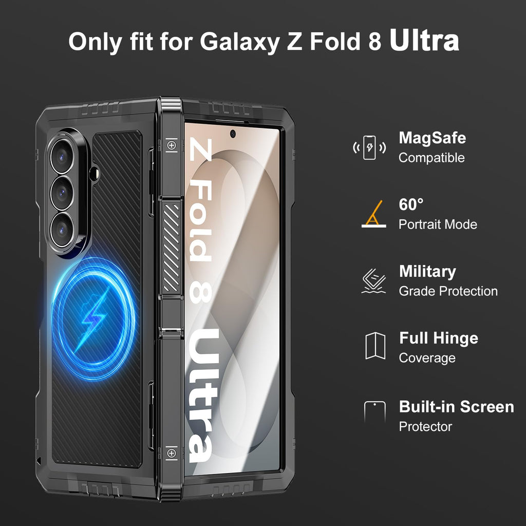 Libeagle Rugged Armor Magnetic Case for Samsung Galaxy Z Fold 8 Ultra, Military Grade Drop Protection, Full Hinge Cover, Built-in Screen Protector & Kickstand, Metal Shockproof Protective Case, Black