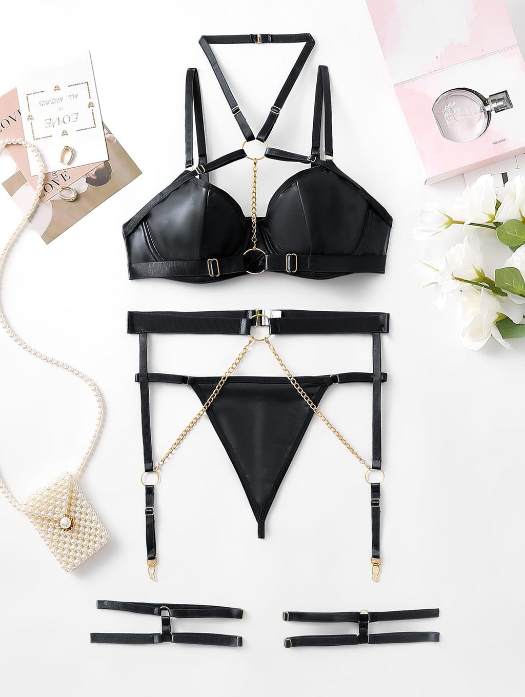 Lilosy Petite Women Sexy Chain Strappy Underwire O Ring Push Up Garter Belt Choker Lingerie Set Latex Harness Bra and Panty 3 Piece Leather Black 3X-Small