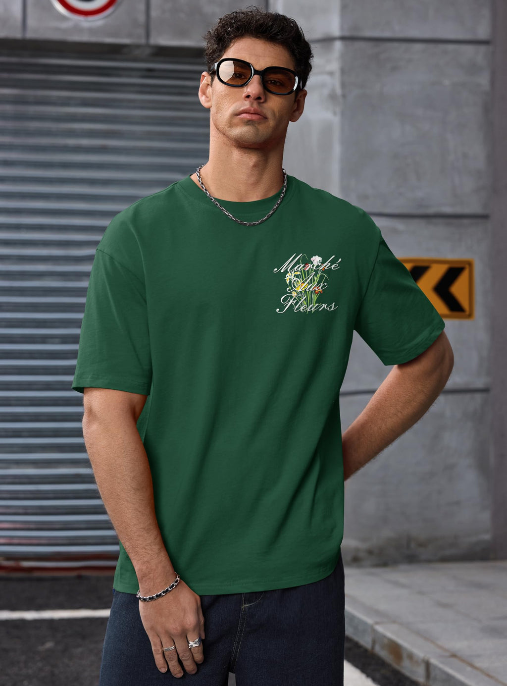 Herberton Mens Designer Stylish Tshirt Spring Cool Tee Loose Fit Baggy Summer Relaxed Youth Y2k 100% Pure Cotton Graphic Print Swag Lightweight Flowers Shirt Forest Green XL