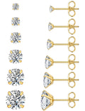 6 Pairs Stud Earrings Hypoallergenic Cubic Zirconia 316L Earrings Stainless Steel CZ Earrings Set 3-8mm (Gold)
