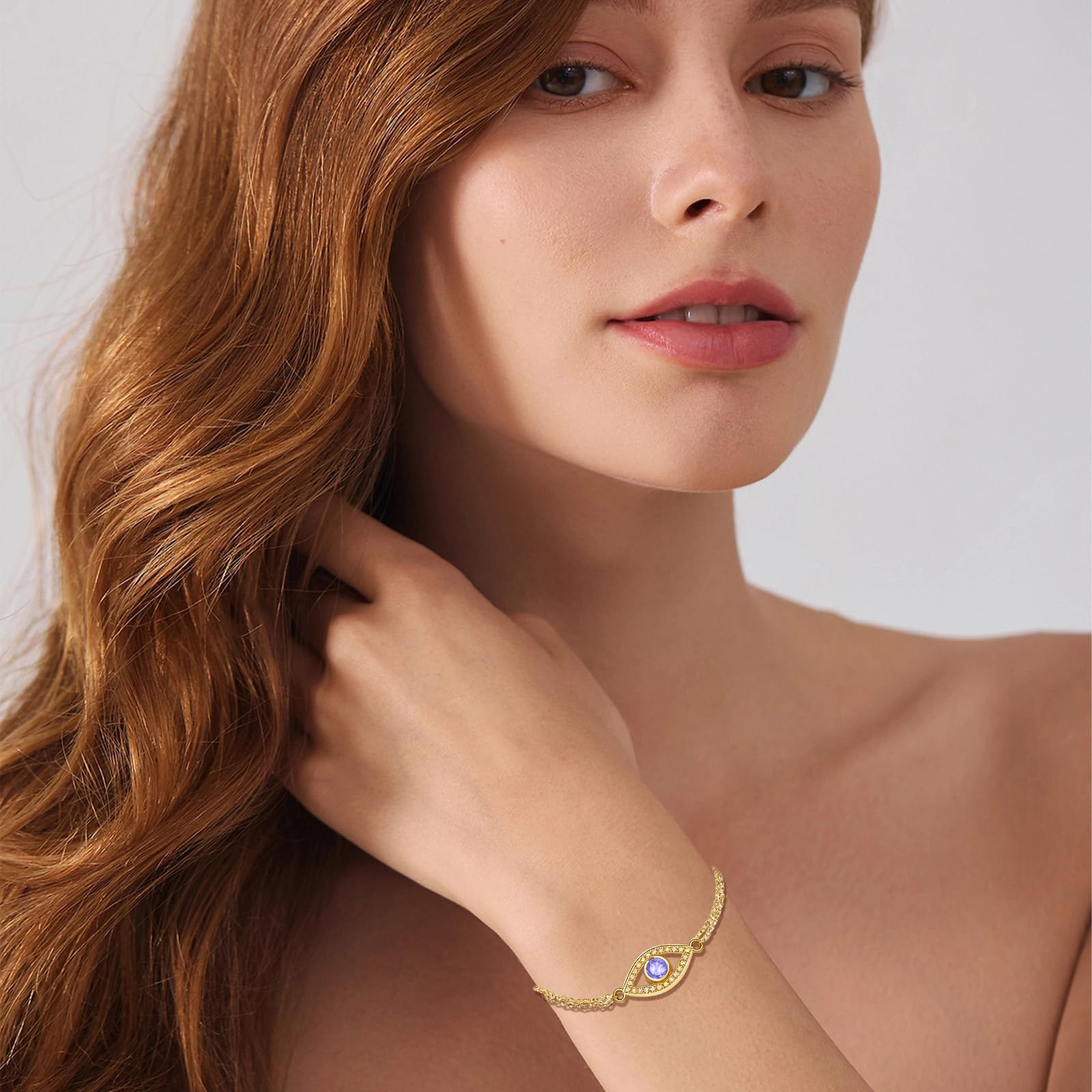 Midari June Light Violet Gemstone Birthstone Double Chain Bracelet for Women 18K Gold Plating Evil Eye Jewelry Birthday Gifts for Wife Her Daughter Mom