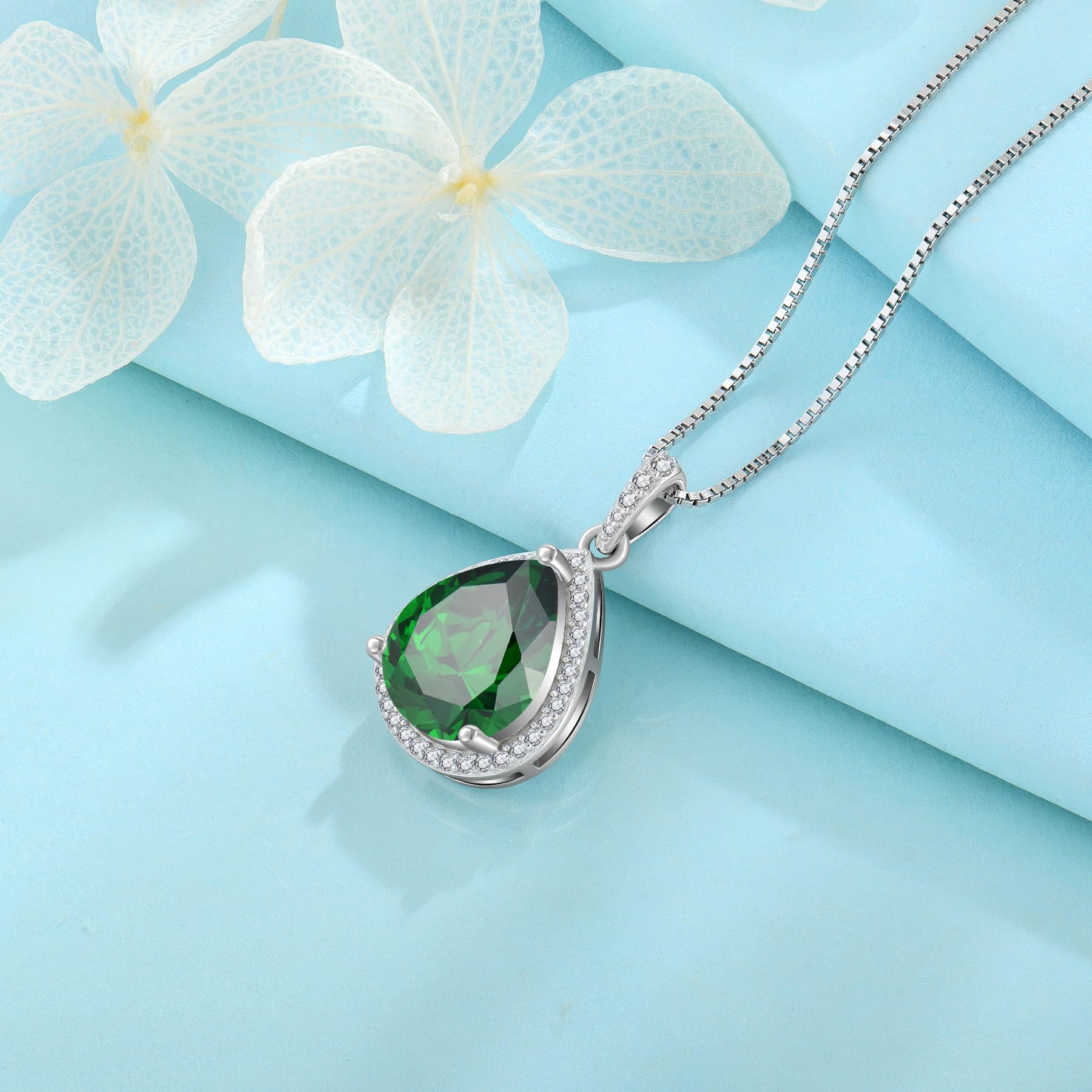 FJ Emerald Necklace 925 Sterling Silver Teardrop Pendant Necklace May Birthstone Jewelry Gifts for Women