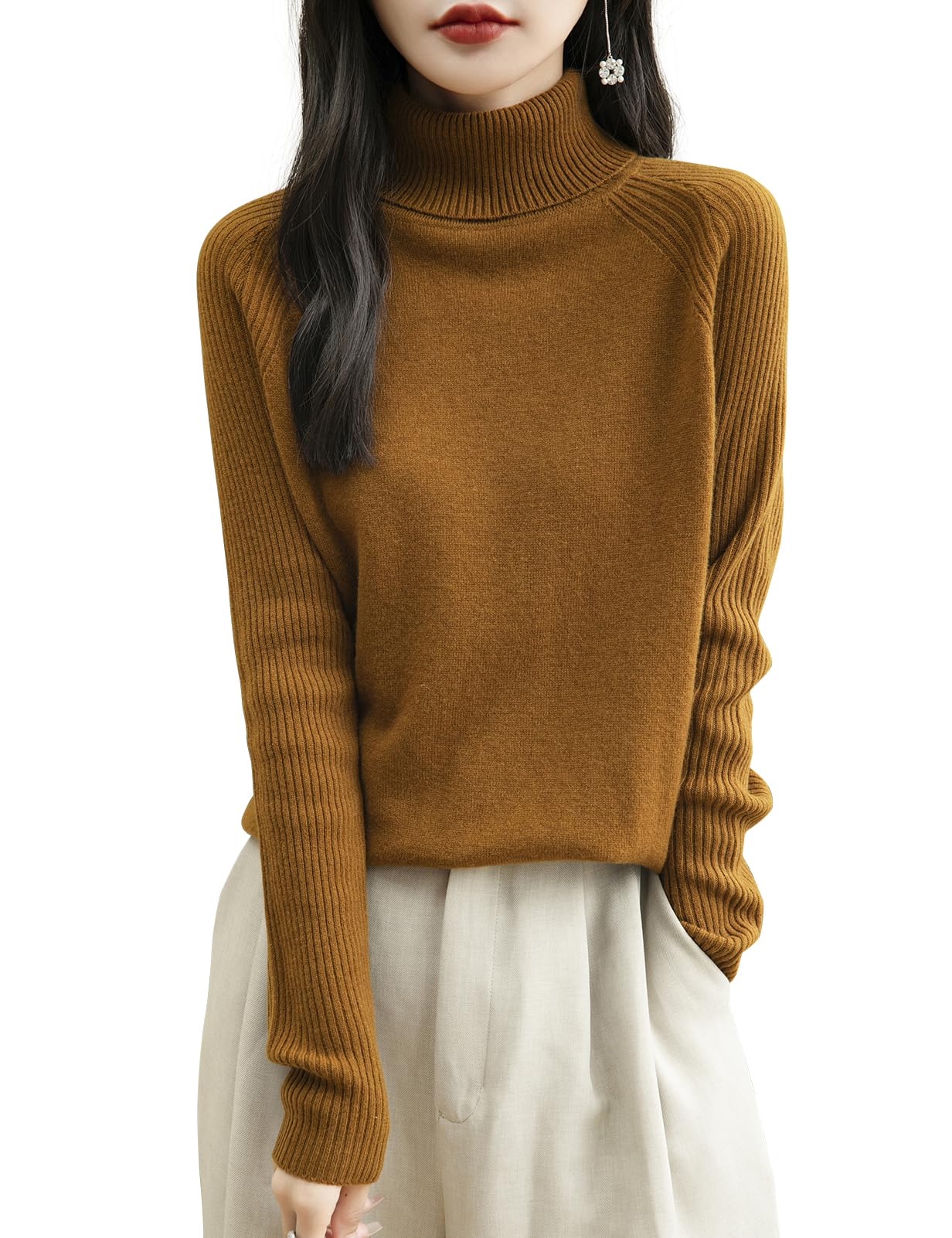 Chanyarn Women's Turtleneck 100% Merino Wool Sweater 2025 Fall Winter Classic Warm Soft Raglan Long Sleeve Knit Sweater (Caramel,S)