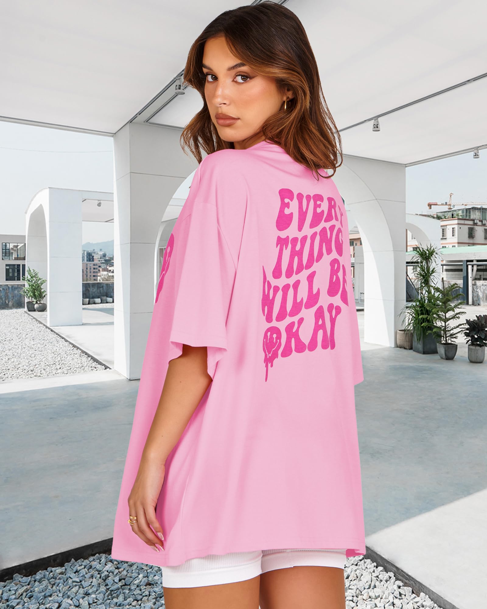 Womens Oversized Tshirt Graphic Tees Crew Neck Summer Short Sleeve Loose Fit Tops (A-Letter Print Pink, L)